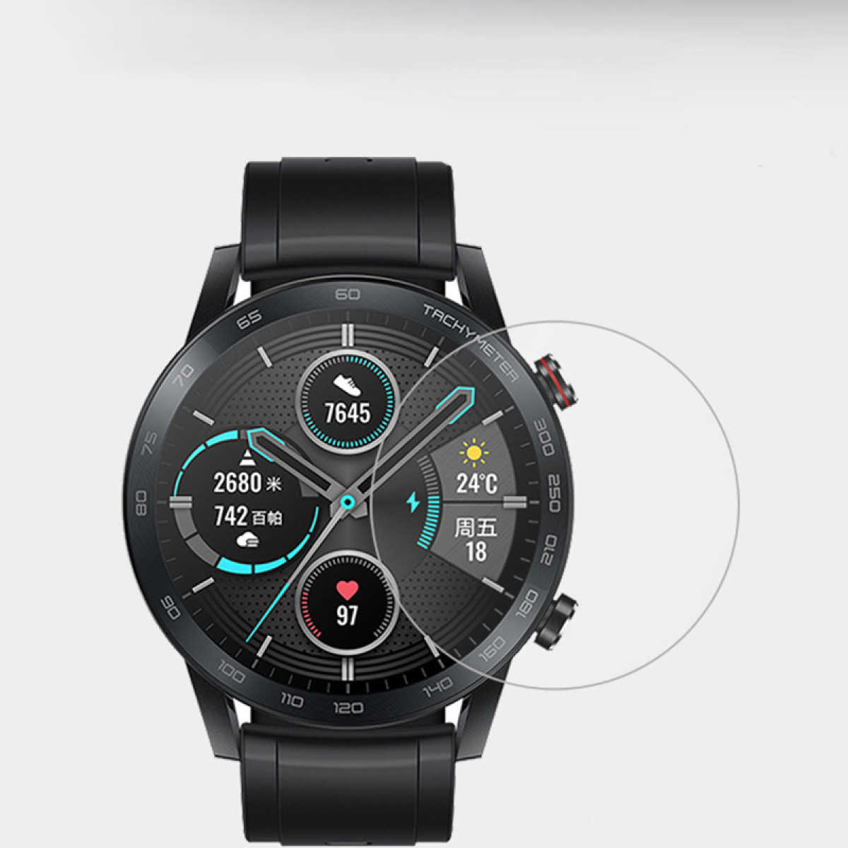 Smartwatch wyświetlający dane, z nałożoną przezroczystą folią ochronną na ekran.