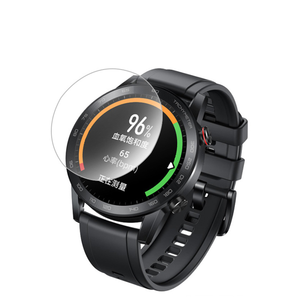 Smartwatch z ekranem pokazującym tętno i saturację krwi, z czarnym paskiem.