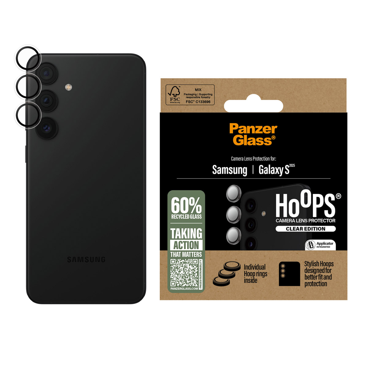 Telefono nero con protezioni per lenti e una confezione con testo: "Camera Lens Protector". Il telefono è a sinistra.