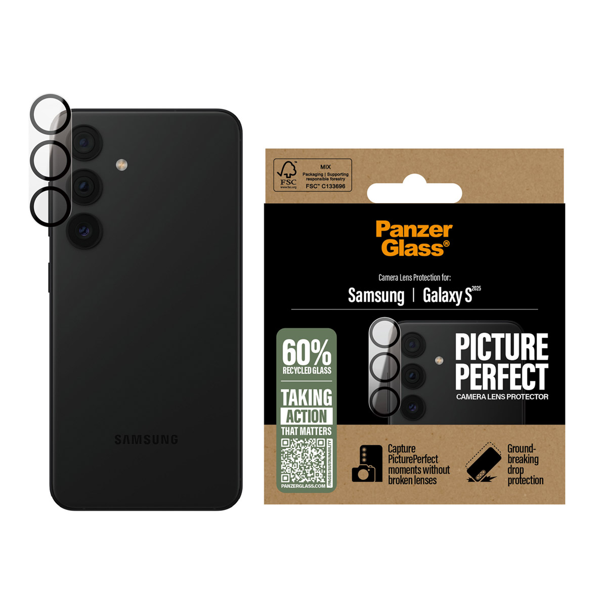 Telefono nero con protezioni per lenti della fotocamera e confezione. La confezione pubblicizza il prodotto.
