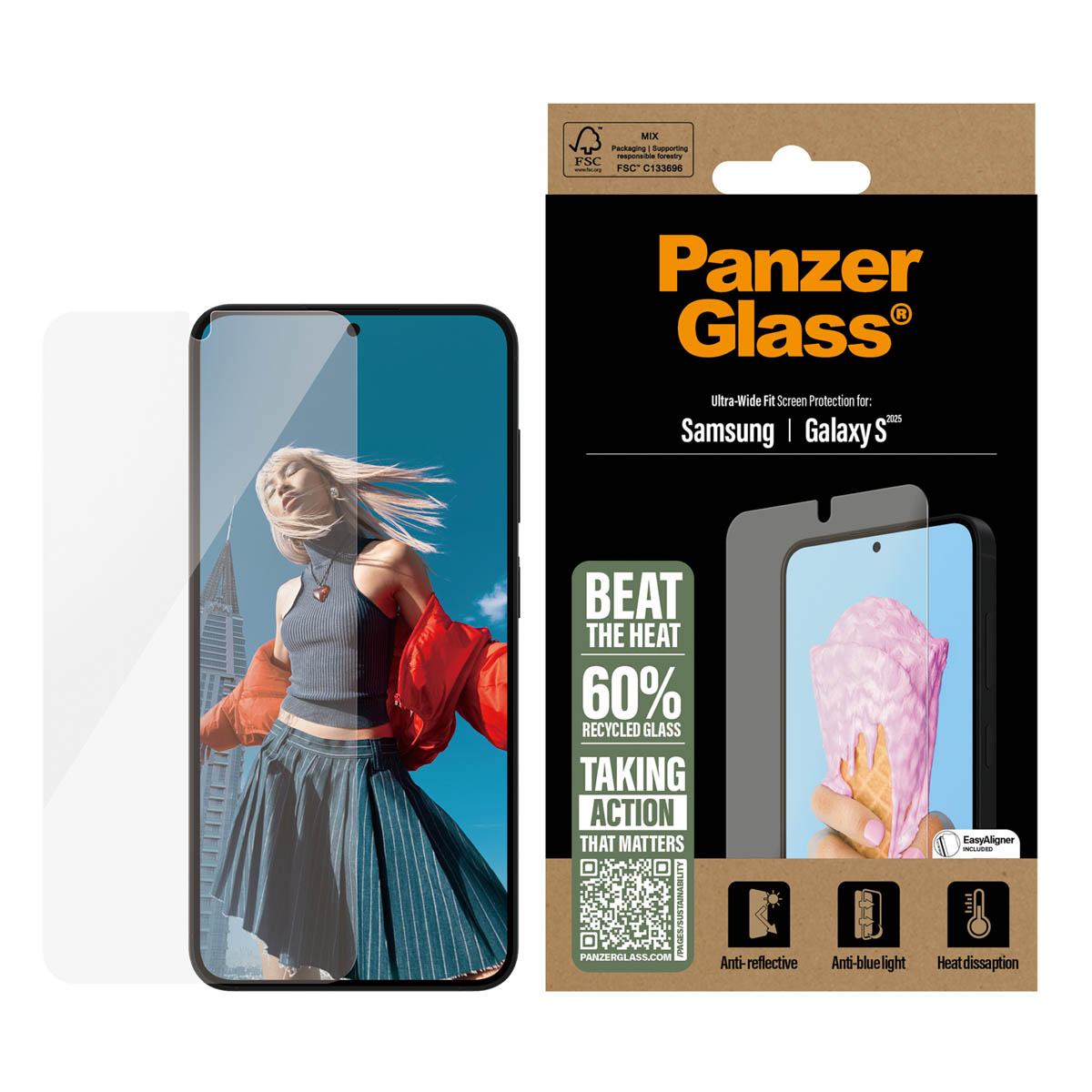Caja protectora de pantalla de teléfono con una modelo y un teléfono al lado.