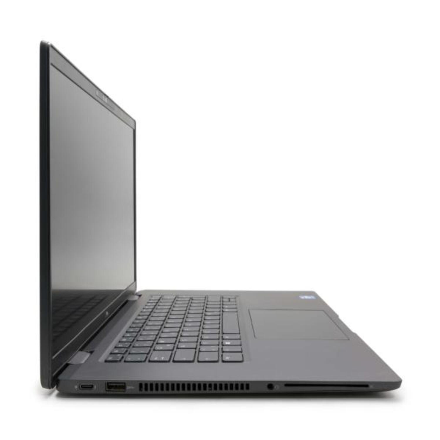 Eine Seitenansicht eines Laptops, schwarz mit Tastatur und Trackpad, vor weißem Hintergrund.