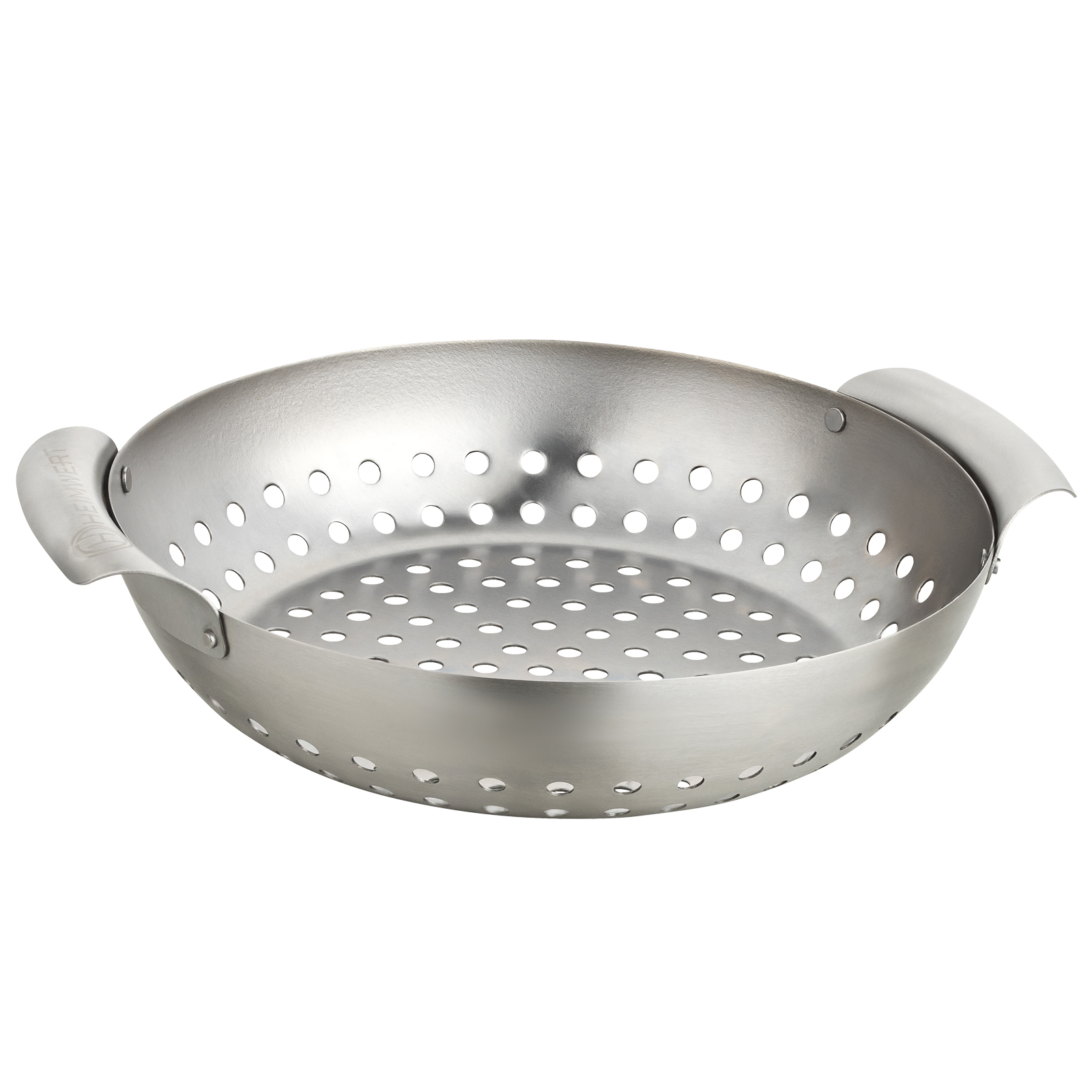 Ein silberner Grillkorb mit vielen Löchern und zwei Griffen.