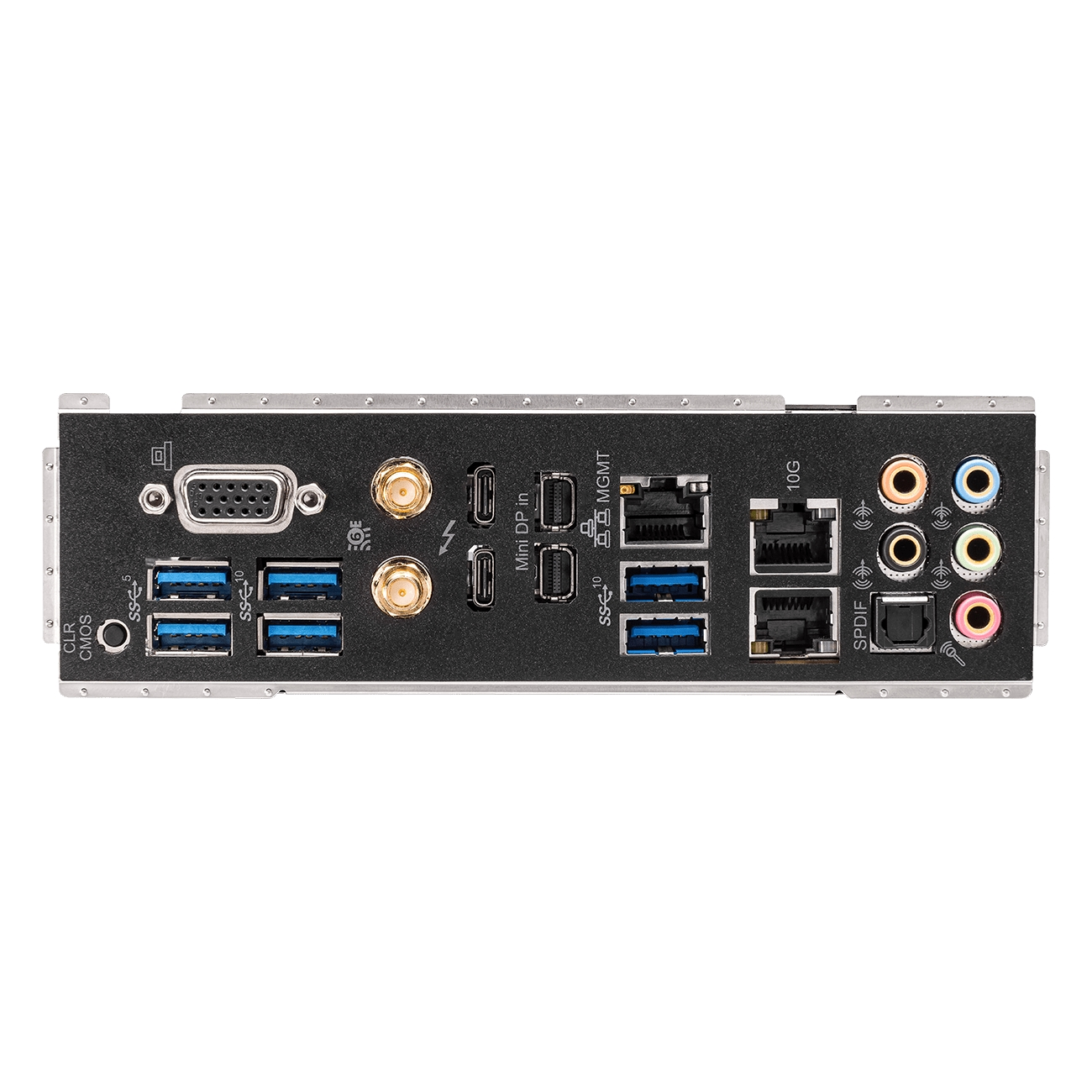 Płyta główna z wieloma portami, w tym USB, HDMI i audio, na białym tle.