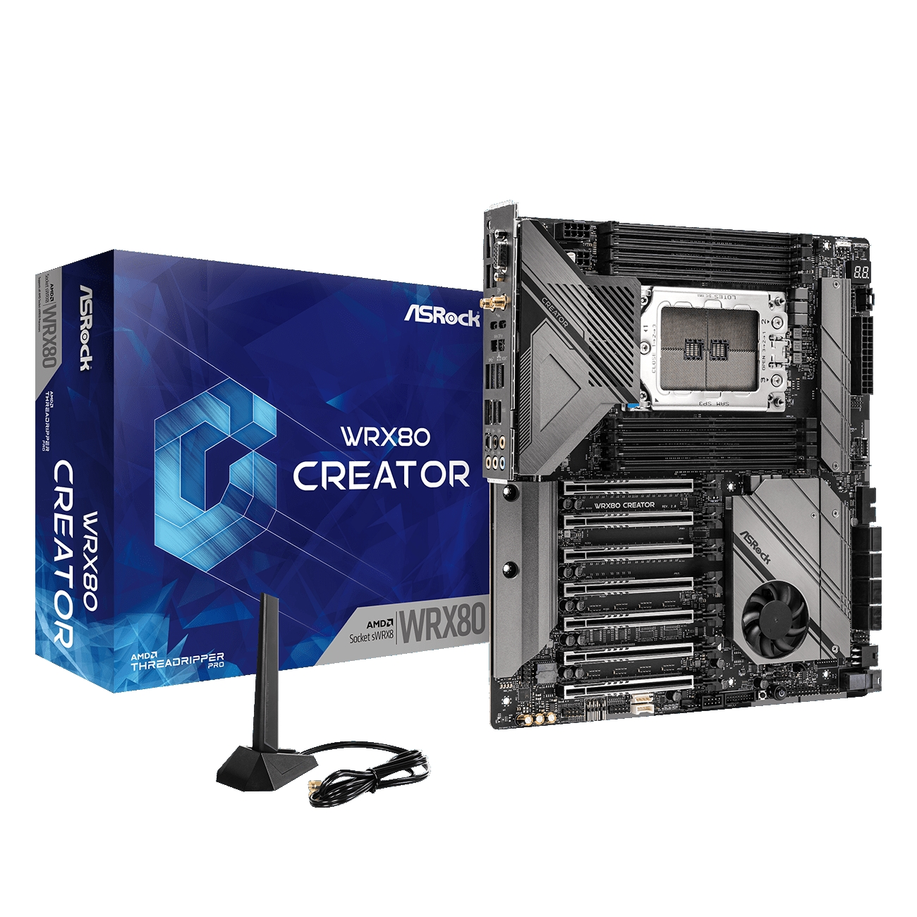 Płyta główna ASRock WRX80 Creator i pudełko. Czarno-niebieski design. Białe tło.