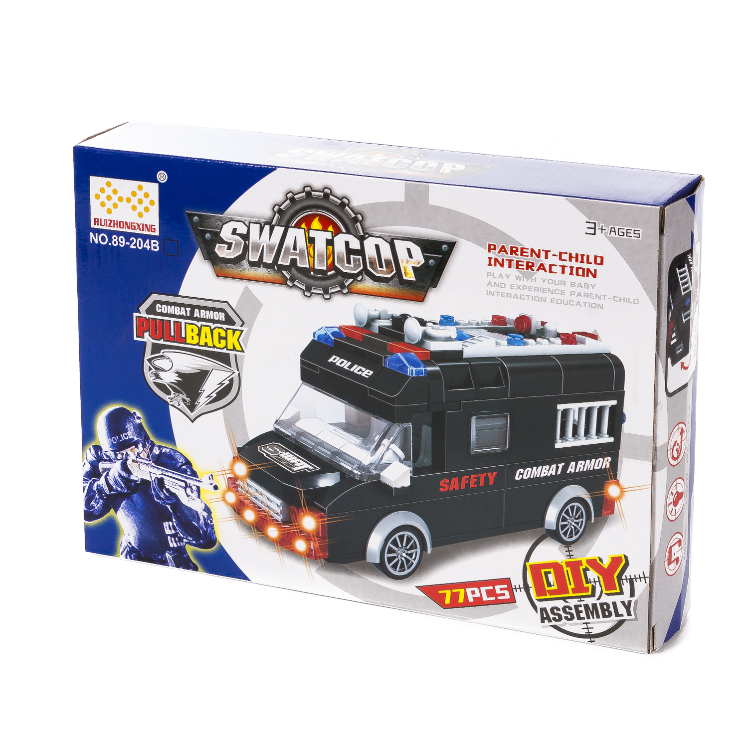 Una scatola di giocattoli con l'etichetta "SWATCOP" che mostra un camion SWAT nero giocattolo e testo.