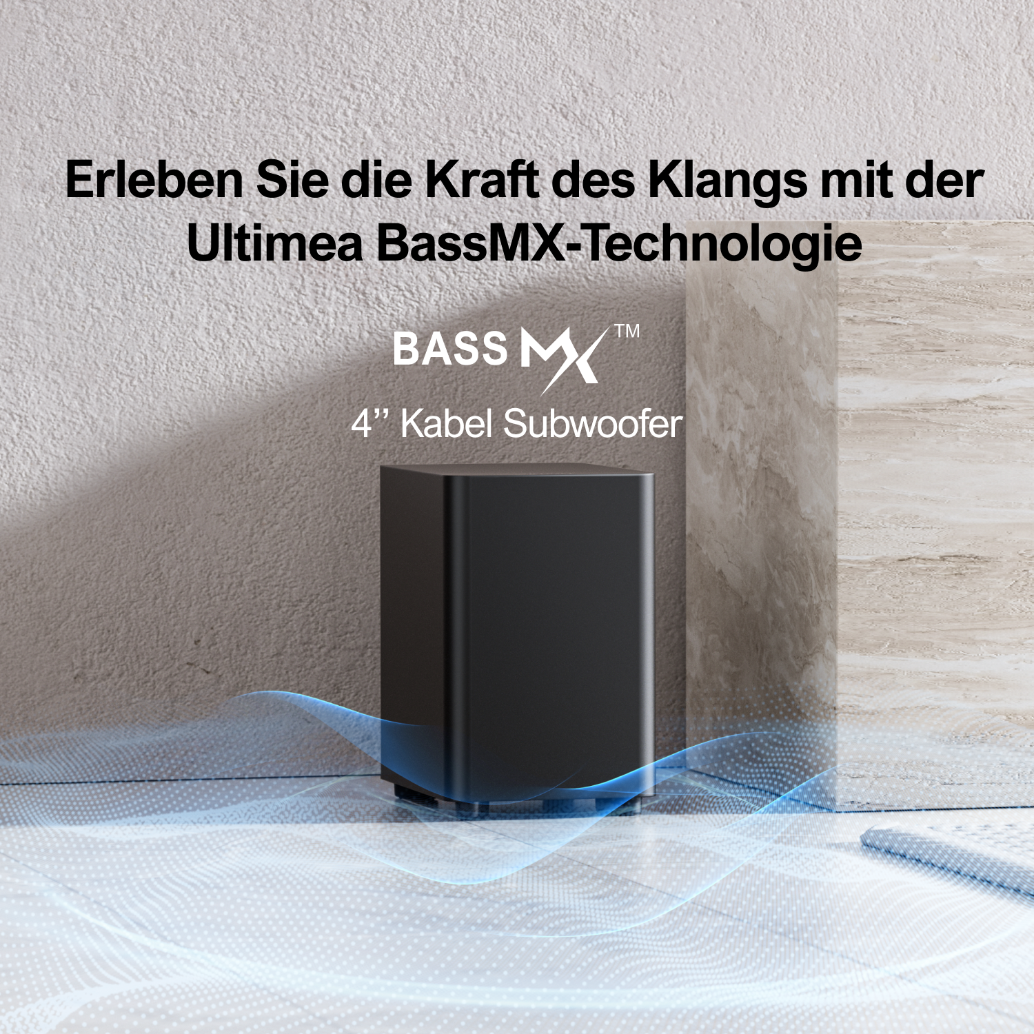Schwarzer Subwoofer mit Text, blaue Wellen.
