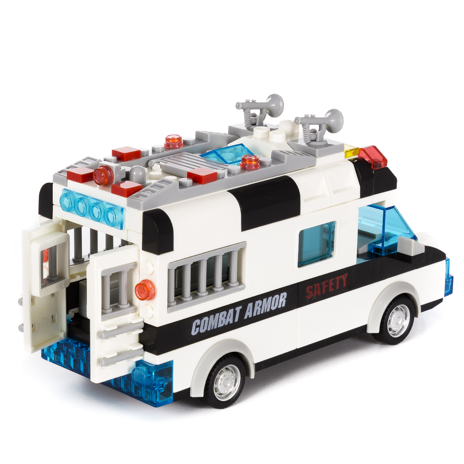 Camioncino SWAT giocattolo bianco e nero, vista posteriore. Porta aperta.