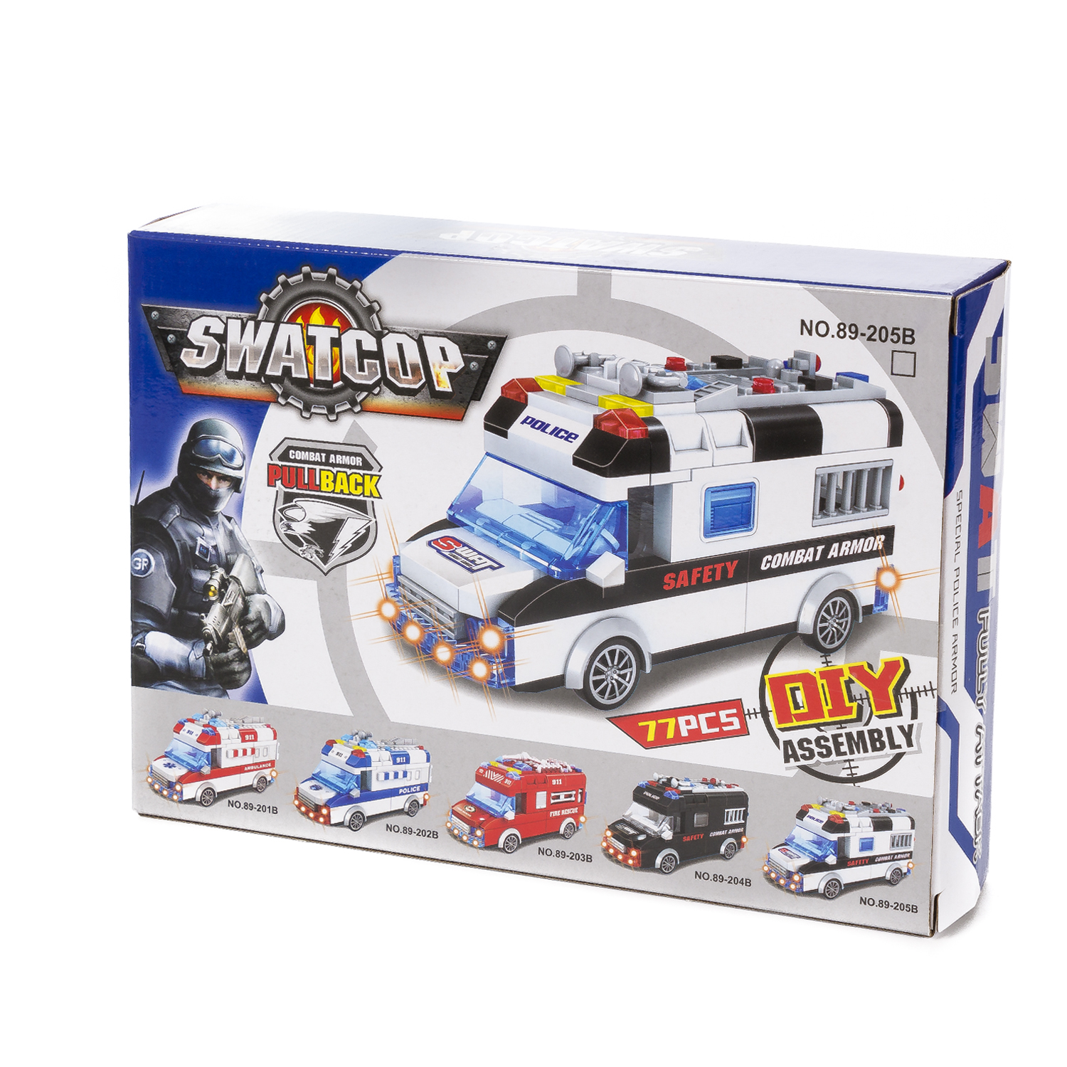 Scatola di un camion giocattolo SWAT, con immagini del camion e di altri veicoli giocattolo.