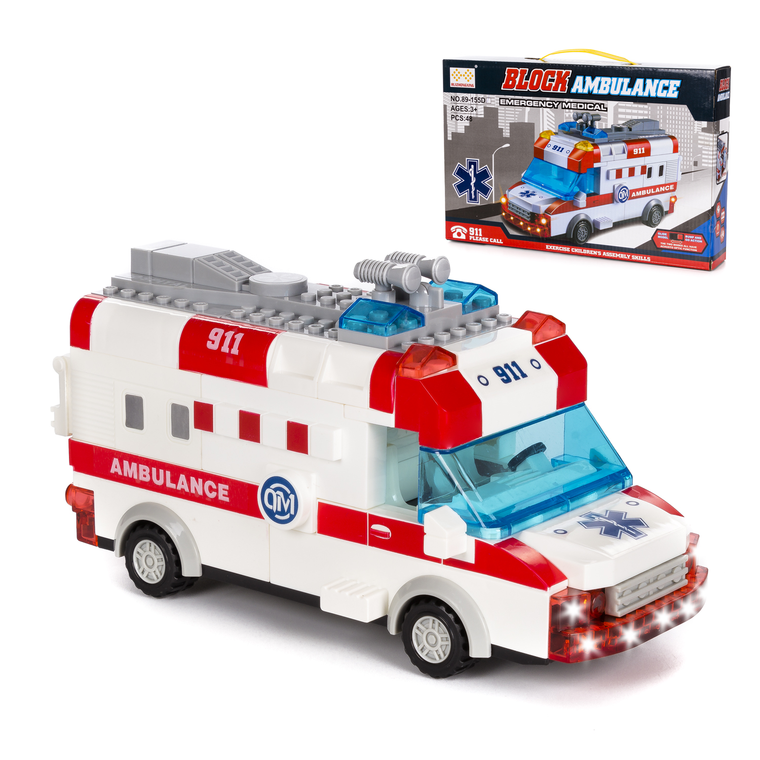 Ambulanza giocattolo con porte aperte e una scatola sullo sfondo. Colori bianco, rosso e blu.