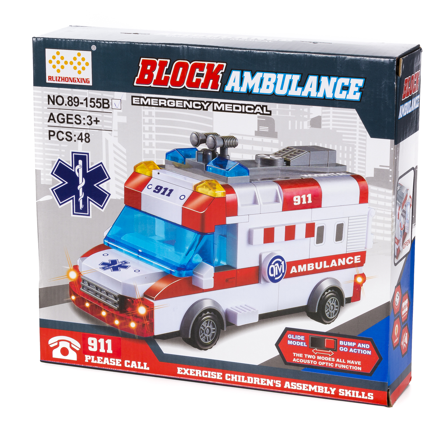 Una scatola di ambulanza giocattolo per bambini. Ha un'ambulanza rossa e bianca con luci lampeggianti.