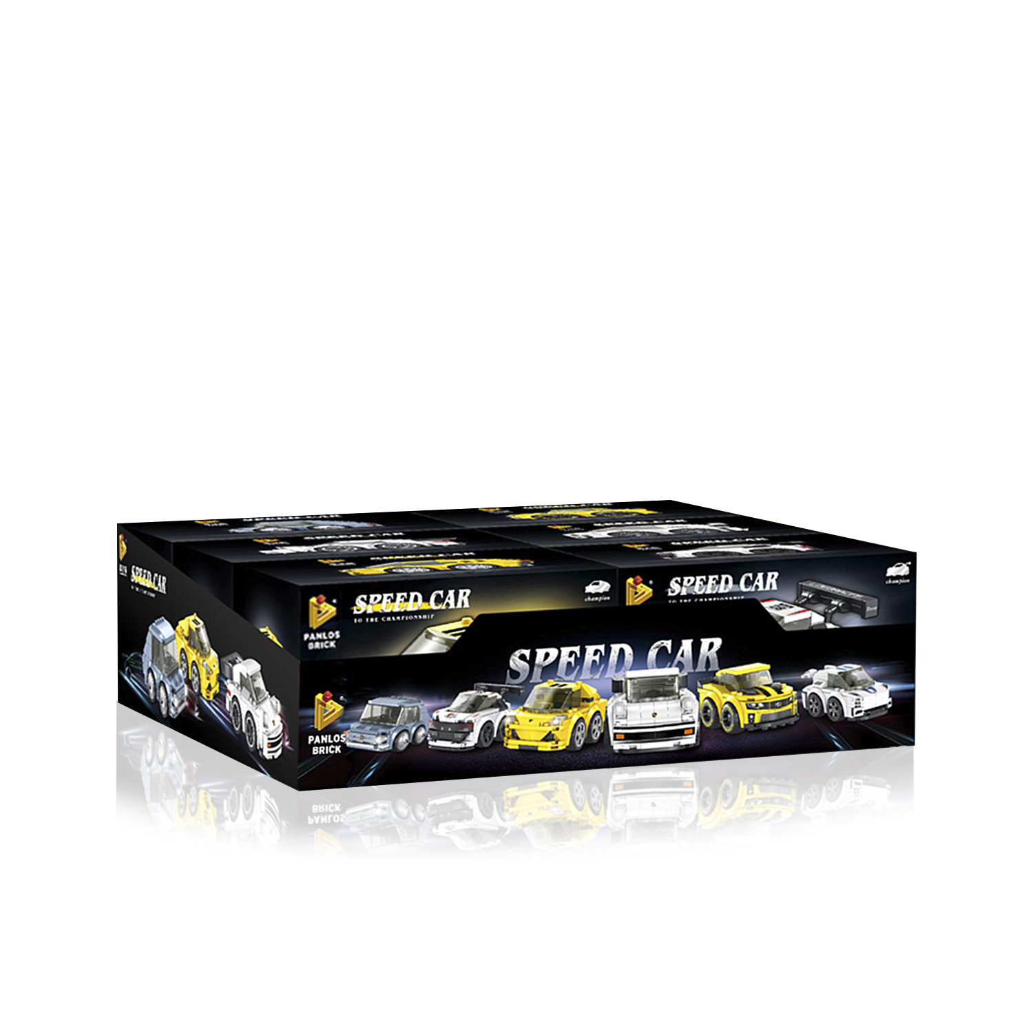 Scatola di macchinine da corsa giocattolo, con immagini di diverse auto sul davanti, su bianco.