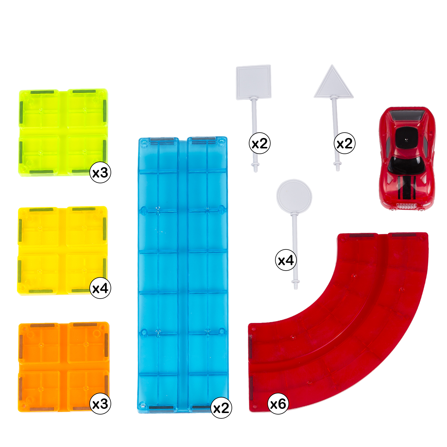 Pezzi di pista giocattolo. Include pezzi di pista colorati, segnali e un'auto giocattolo rossa.