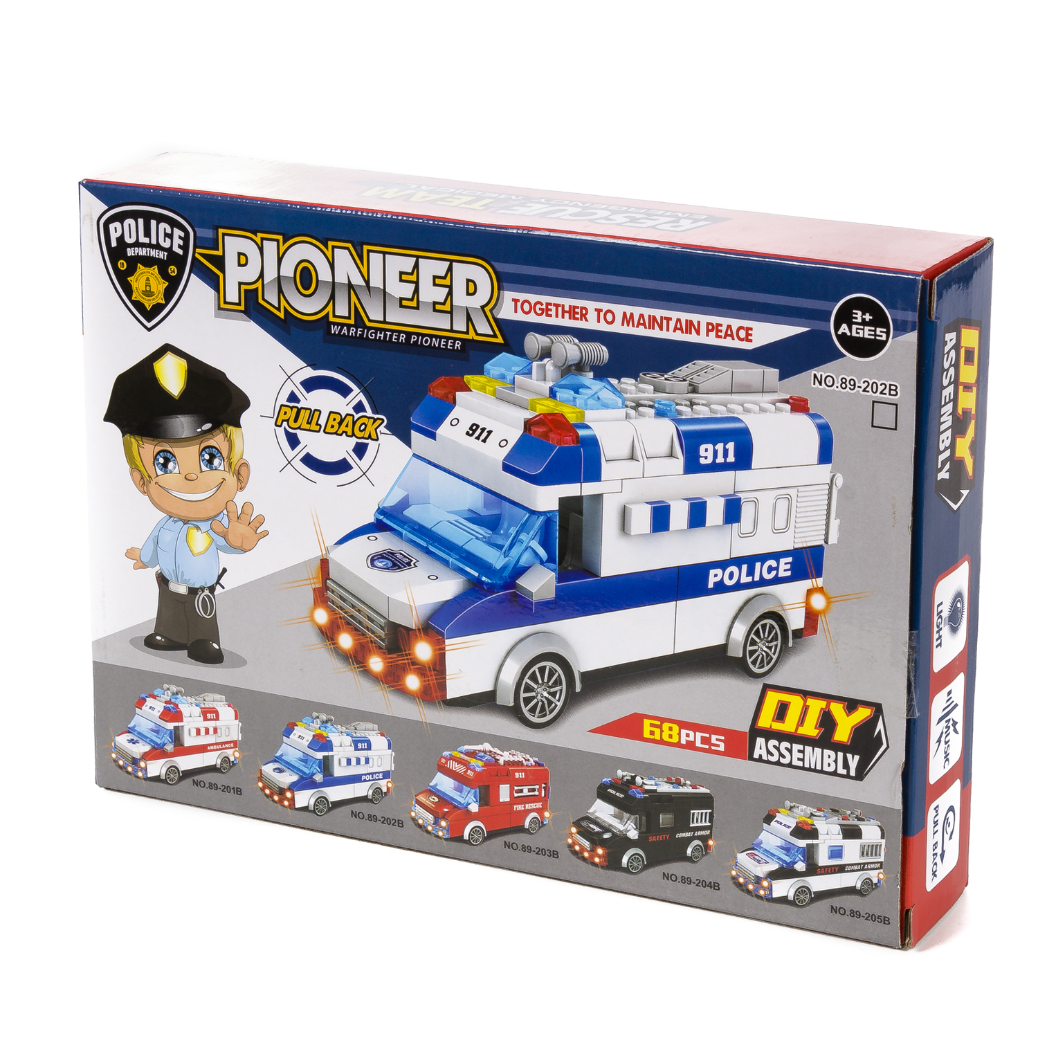 Set di giocattoli in scatola con design di auto della polizia e un poliziotto dei cartoni.
