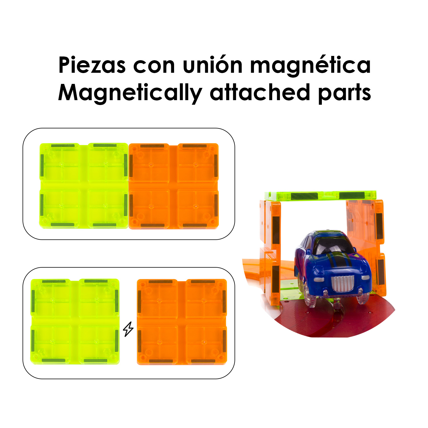 Set di giocattoli con pezzi magnetici verdi e arancioni. Un'auto blu è costruita nel set.