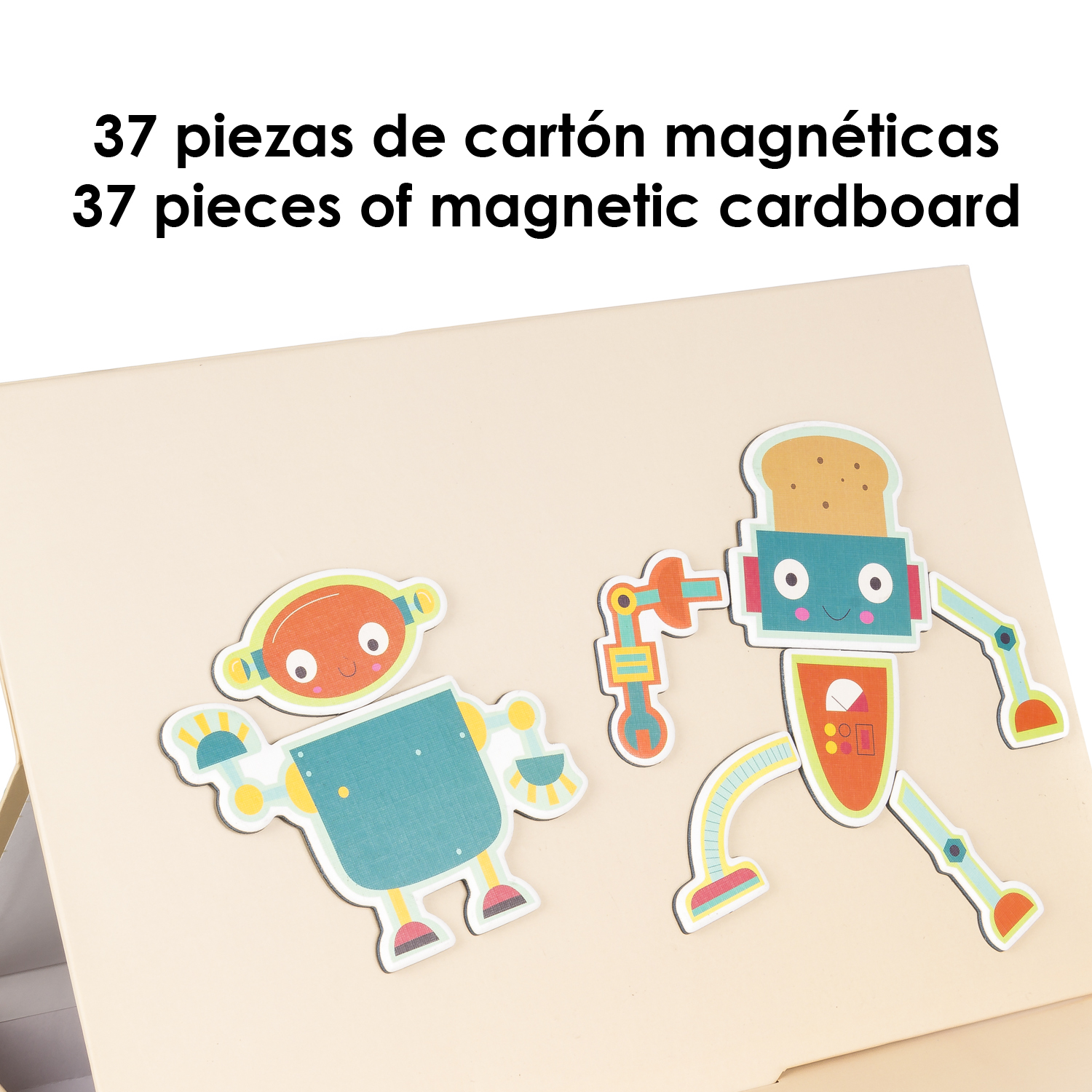Dos figuras de robot hechas de piezas de cartón magnético y una pizarra magnética.