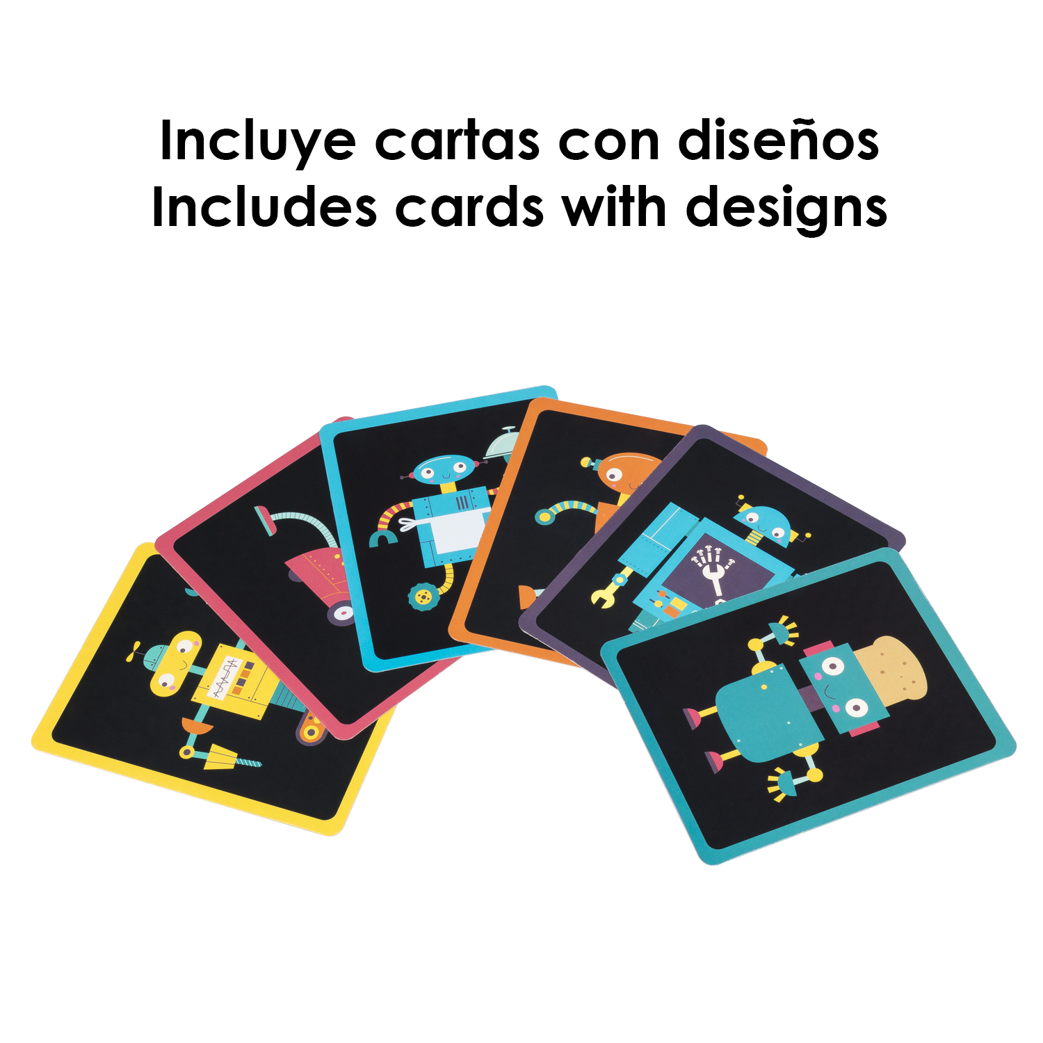 Un conjunto de seis tarjetas coloridas con temática de robots y texto en español.