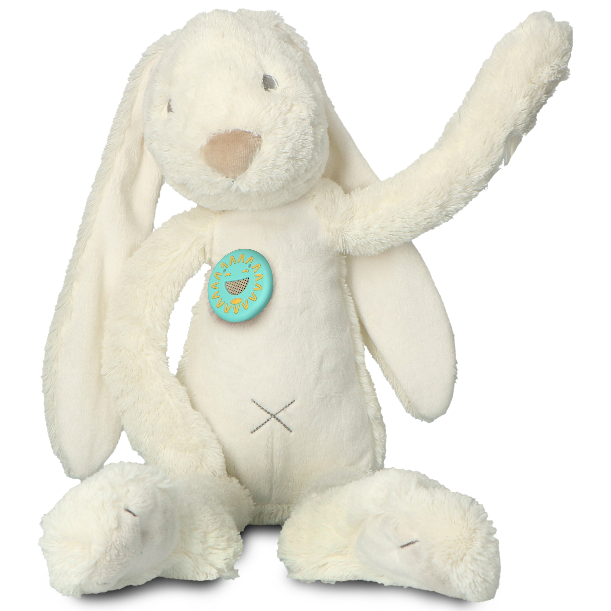 A white plush bunny with a blue button on its chest and a cross stitch detail, sitting upright.