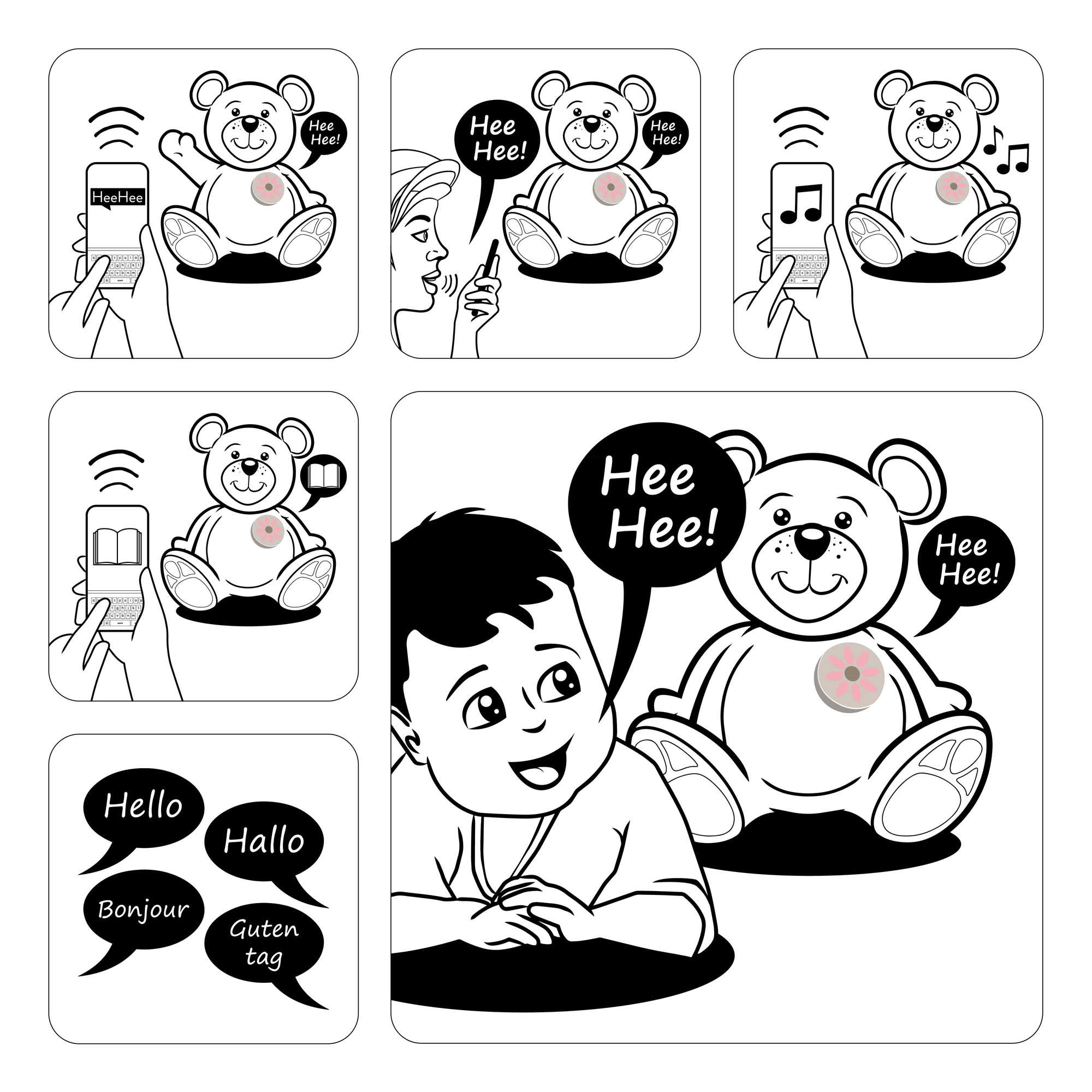 Illustration of a teddy bear interacting with a phone and child. Speech bubbles with Hello.