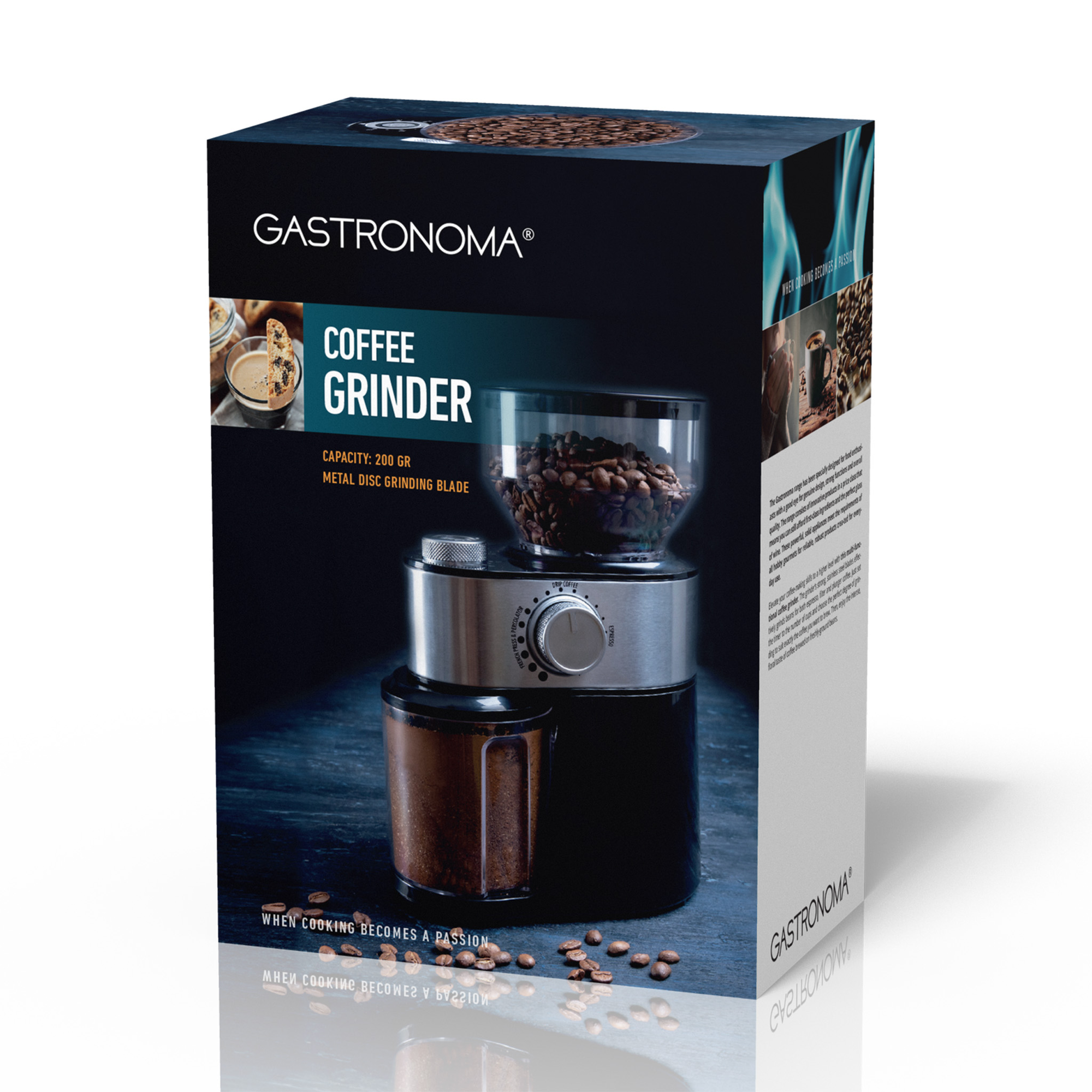 Pudełko młynka do kawy, z widocznym młynkiem i ziarnami kawy, na czarnym tle.