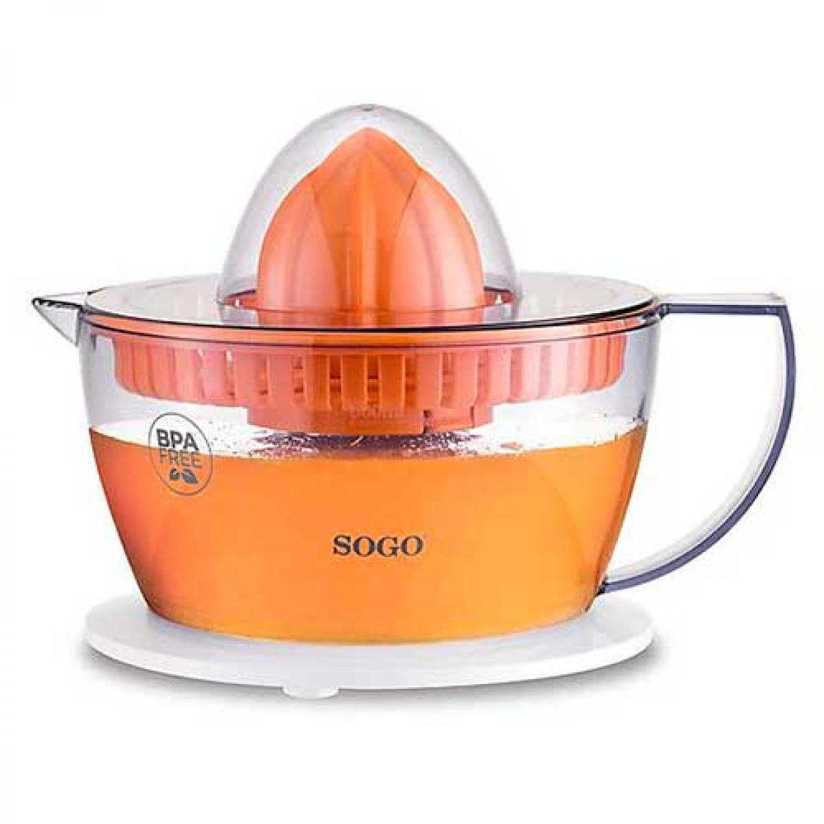 Spremiagrumi elettrico arancione. È trasparente e ha una base bianca.