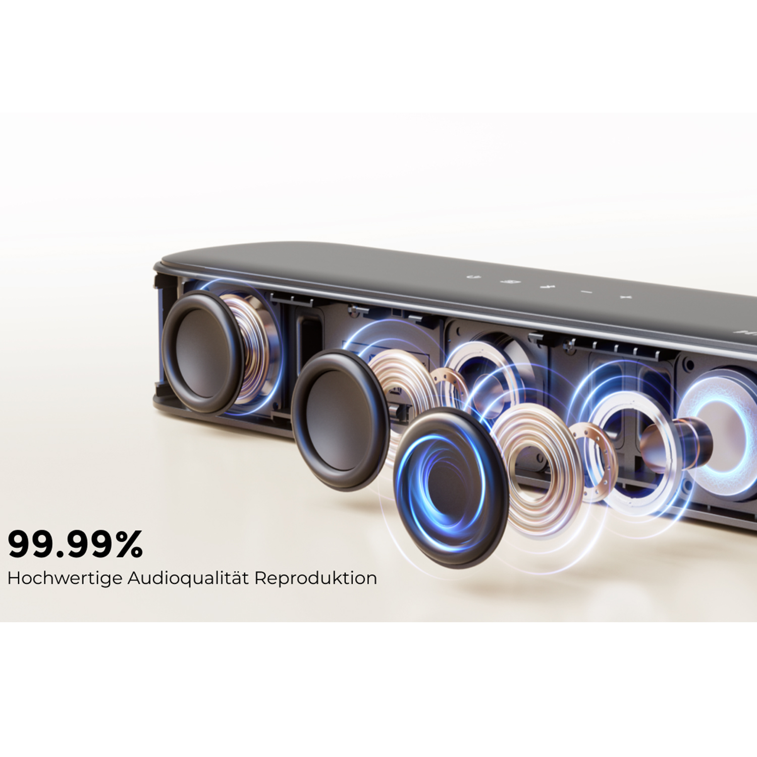 Schwarze Soundbar, zeigt interne Komponenten. Blaues Licht betont Lautsprecherkonen. Text: 99,99 % Audioqualität.