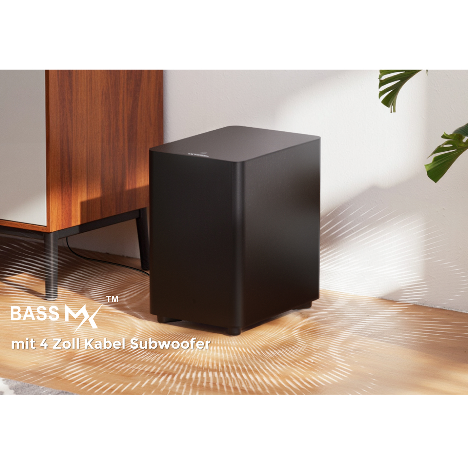 Zwarte subwoofer op houten vloer naast een houten kast en groene plant.