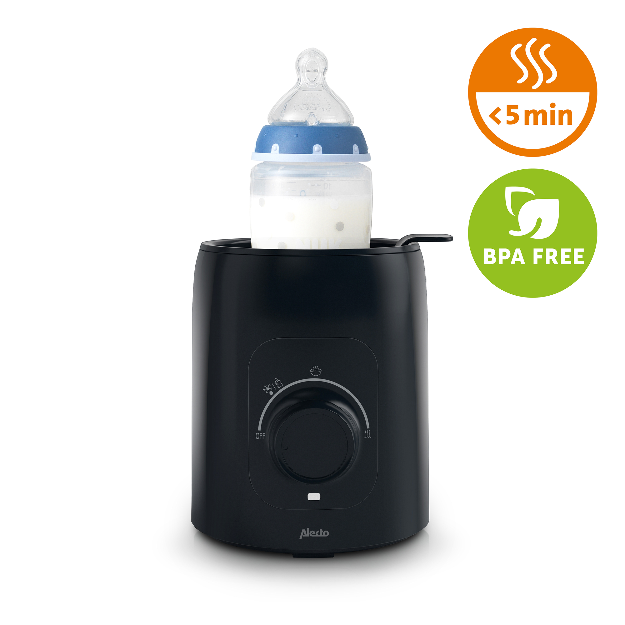 Schwarzer Babyflaschenwärmer mit Flasche und BPA-frei- und Schnellheiz-Etiketten.