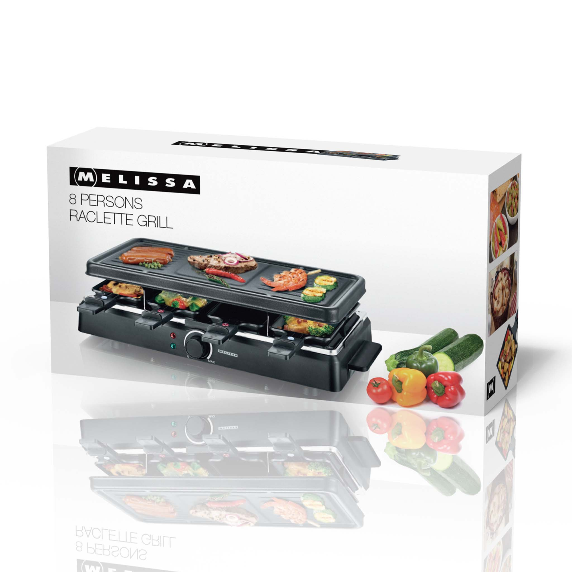 Ein Raclette-Grill mit Essen darauf, in einer Schachtel. Gemüse wird ebenfalls angezeigt.