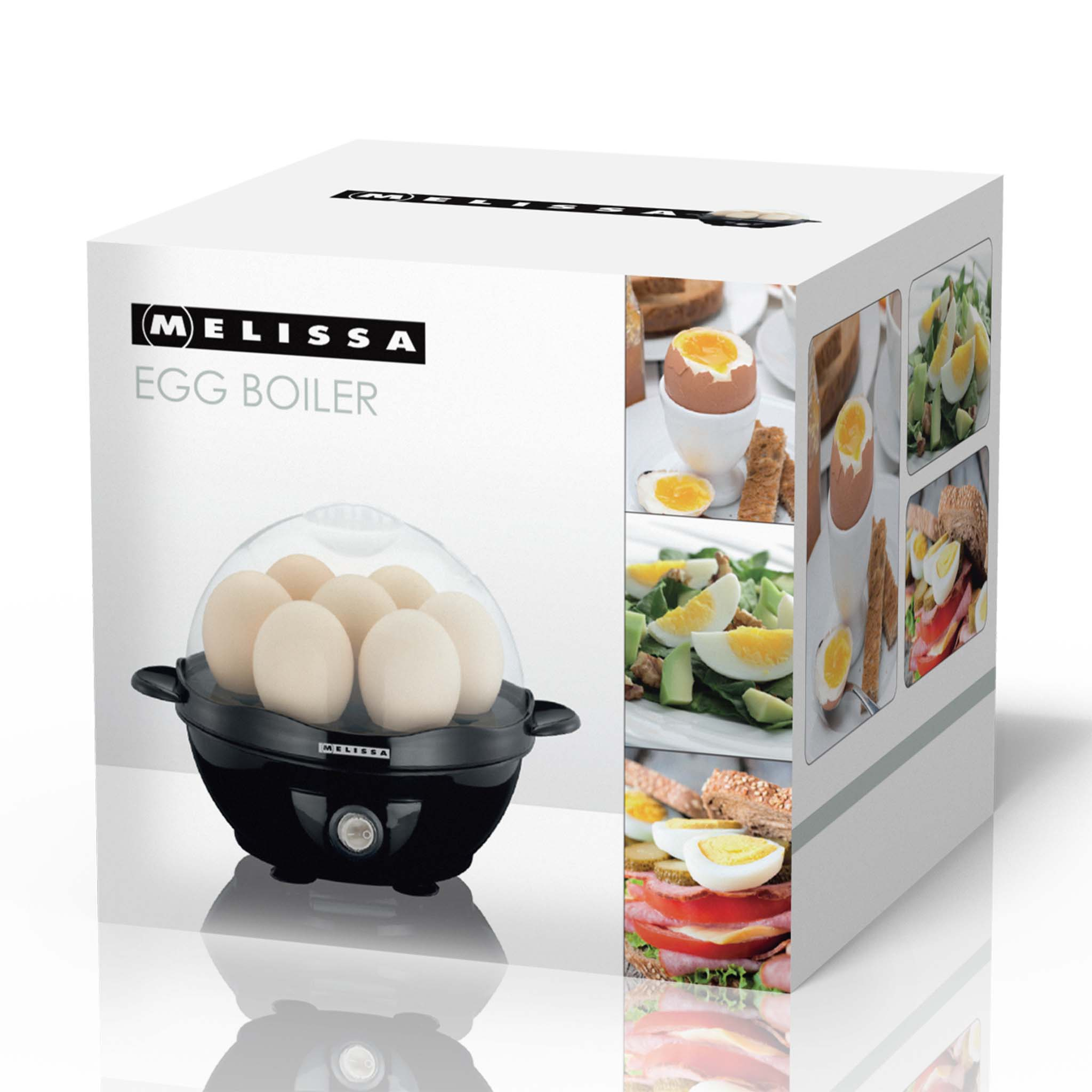 Urządzenie do gotowania jajek z jajkami w środku. Pudełko pokazuje ugotowane jajka w różnych formach.