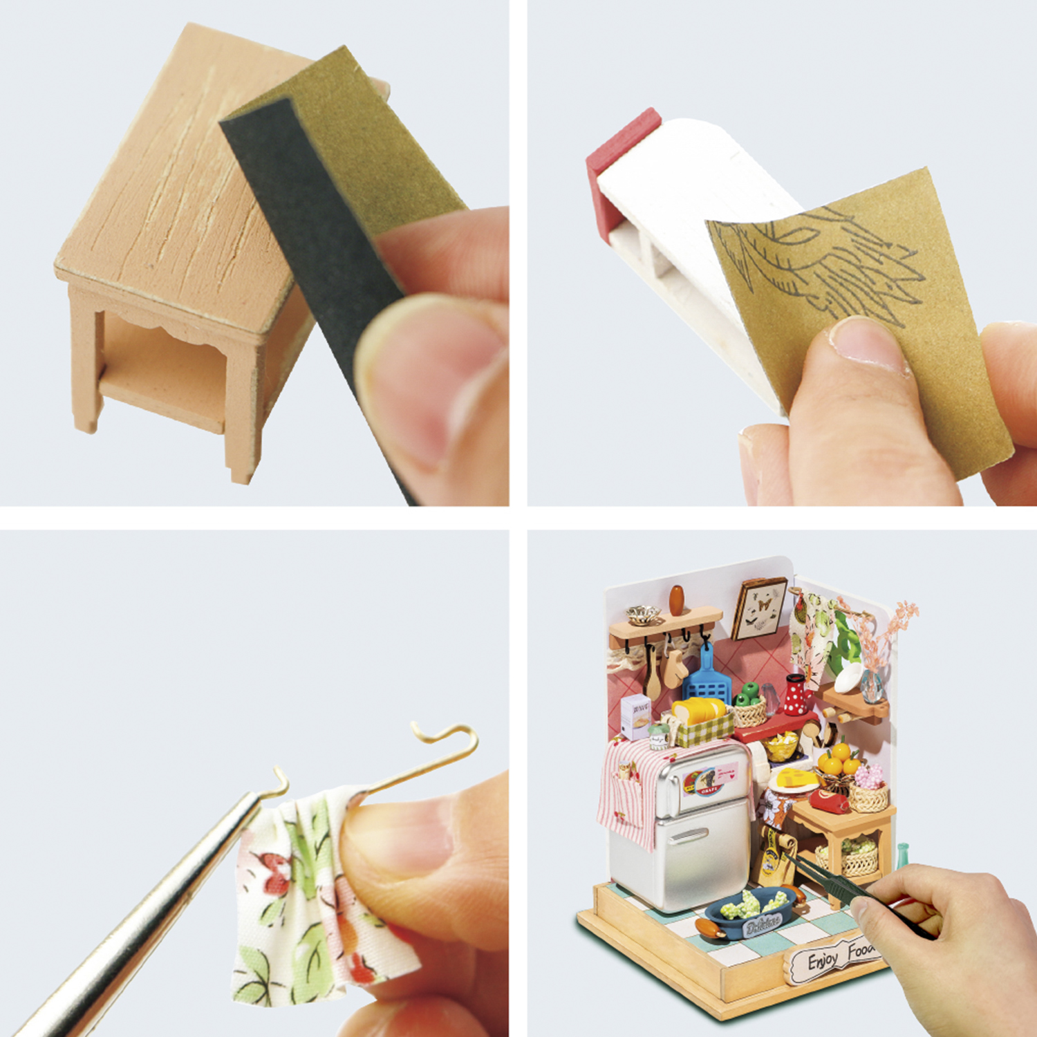 Primi piani di una persona che costruisce una cucina in miniatura. Stanno carteggiando, incollando e assemblando i pezzi.