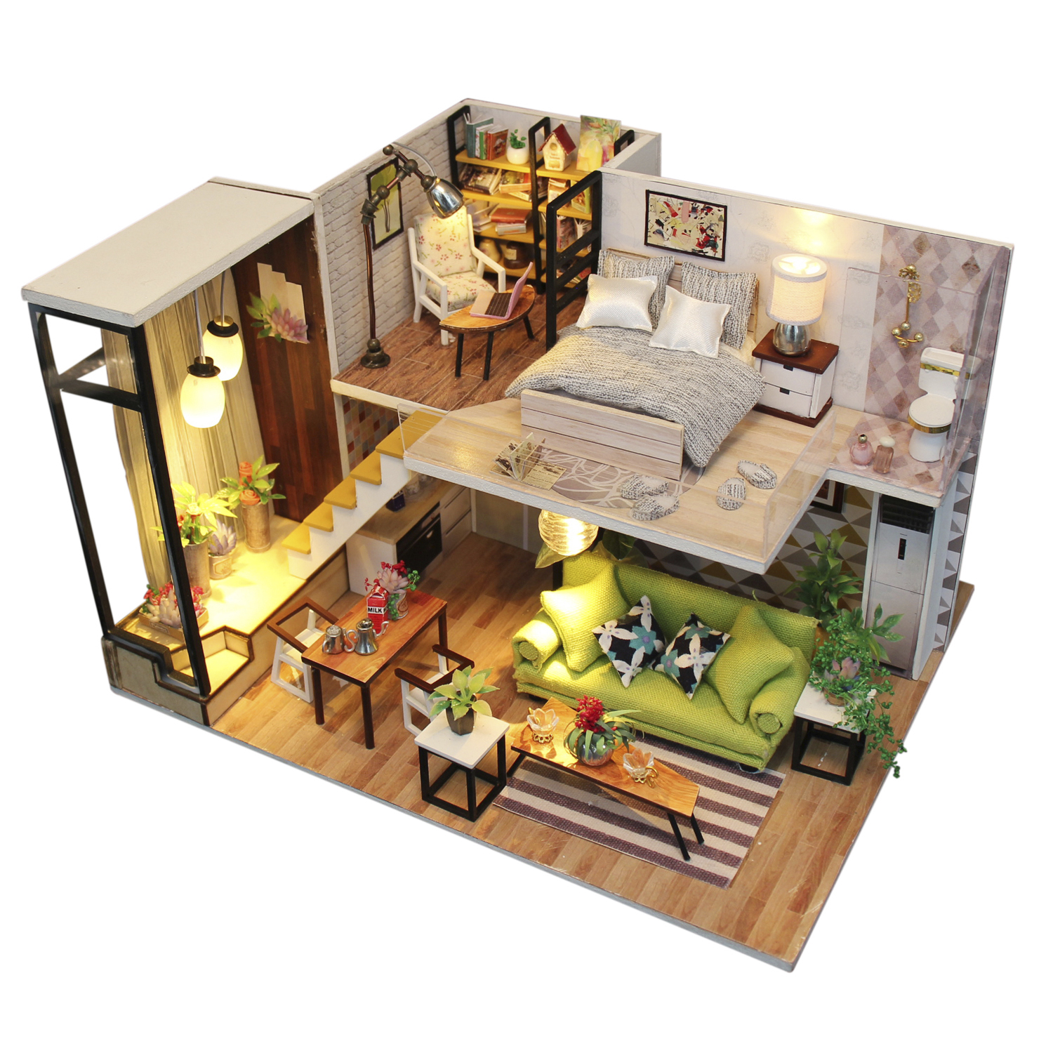 Casa delle bambole in miniatura a due piani. Include camera da letto, soggiorno e giardino.