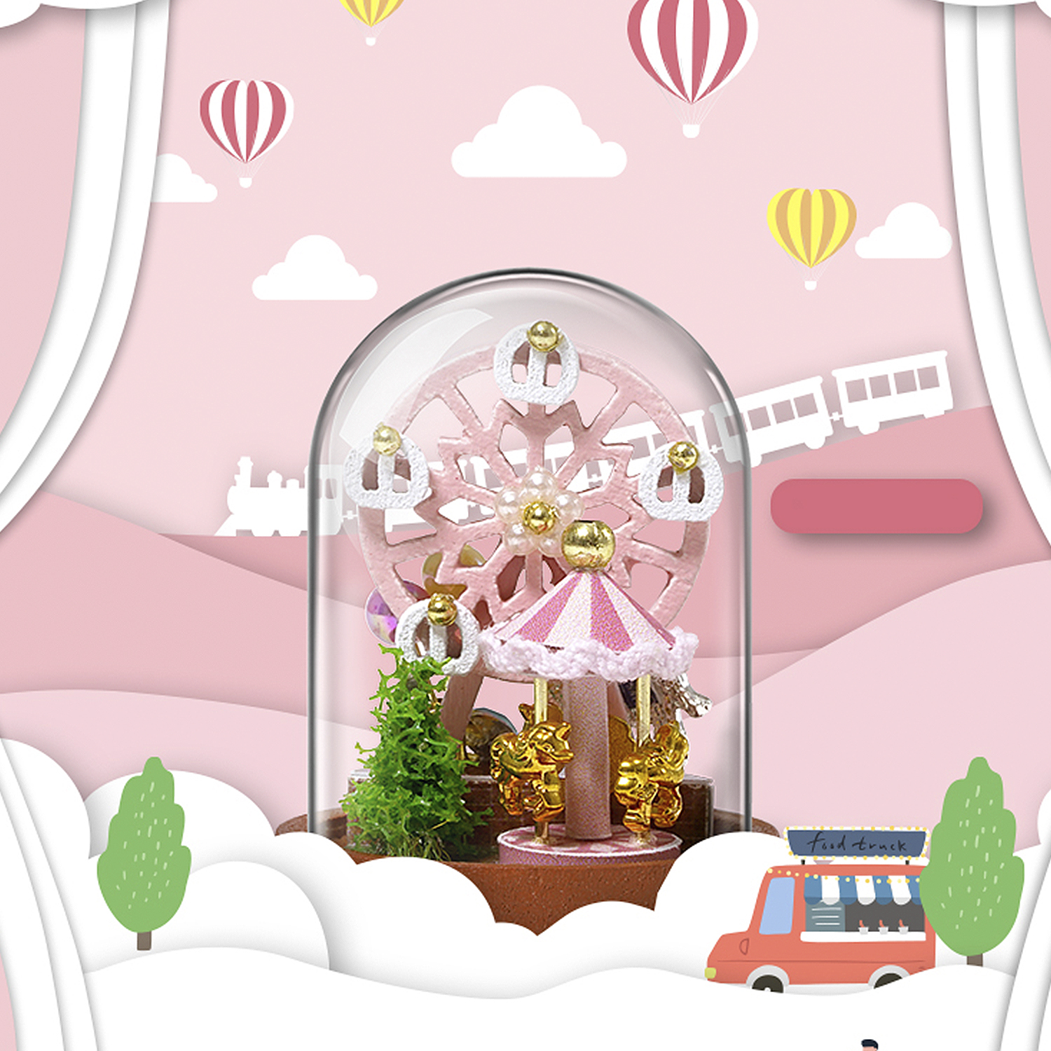 Miniatura di ruota panoramica e giostra rosa in una cupola di vetro, su sfondo di carta rosa.