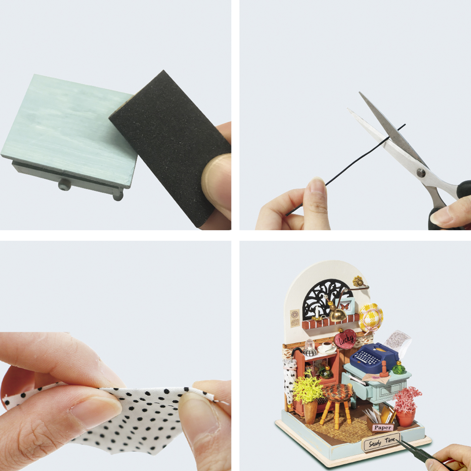 Un collage di fasi di un progetto di artigianato cartaceo, che mostra taglio, levigatura e assemblaggio.