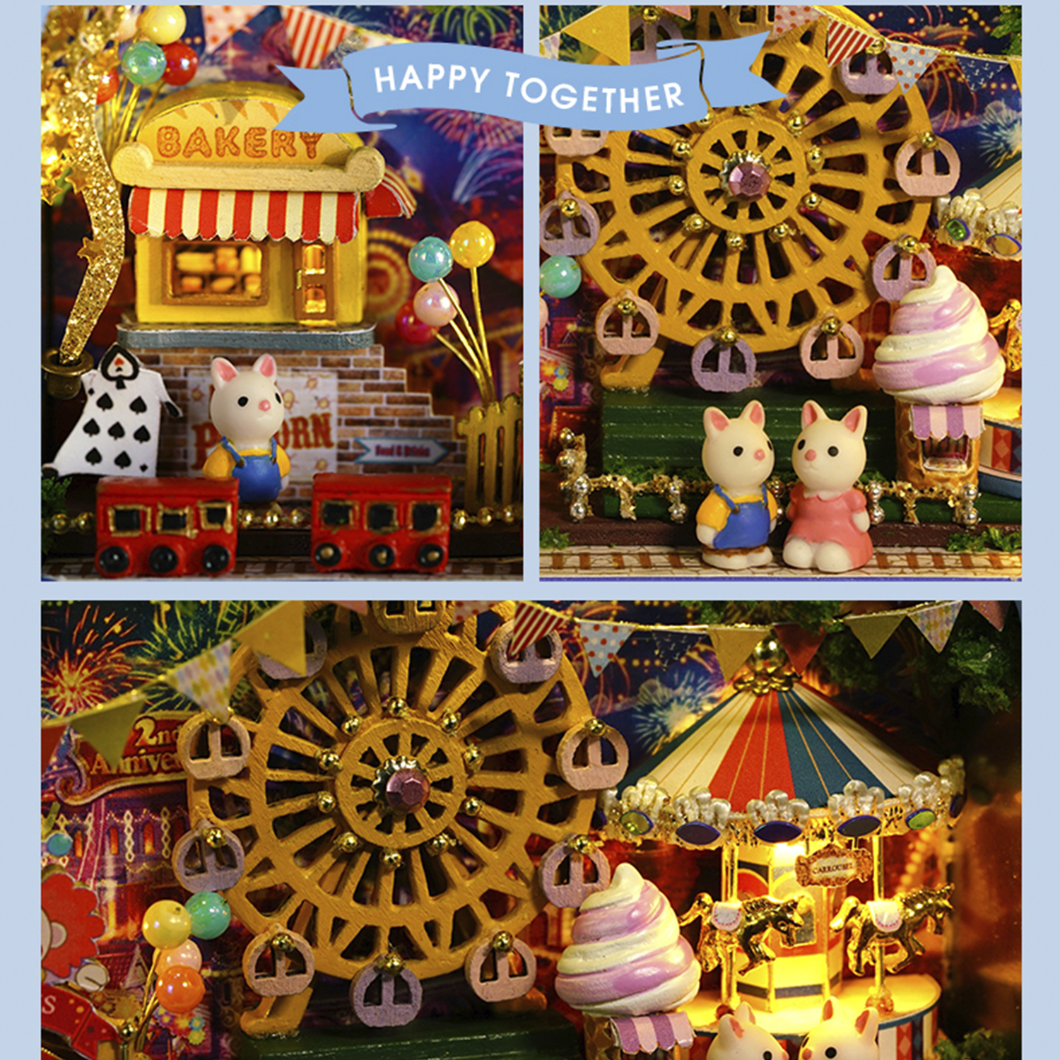 Scena in miniatura di un parco divertimenti con ruota panoramica, panetteria e figurine.