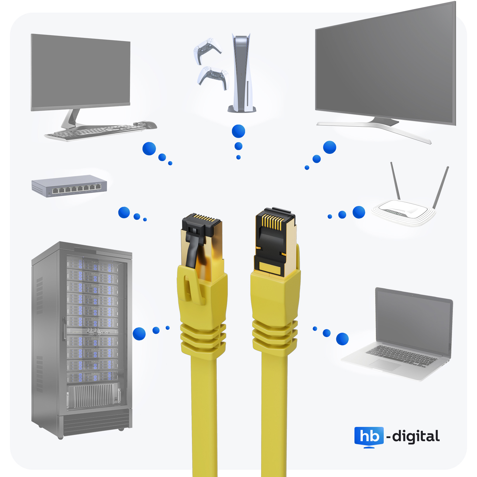 Zwei gelbe Netzwerkkabel, die mit verschiedenen elektronischen Geräten verbunden sind.