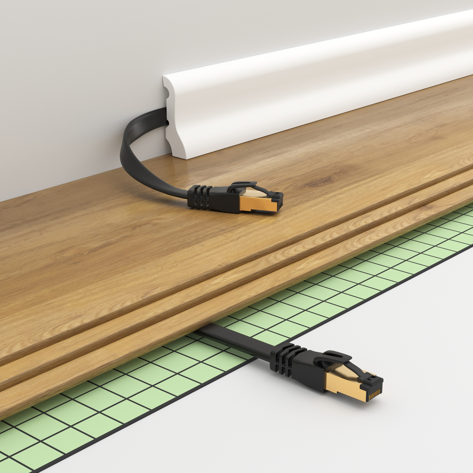 Zwei Ethernet-Kabel werden installiert. Eines befindet sich im Boden und ein anderes an der Wand.