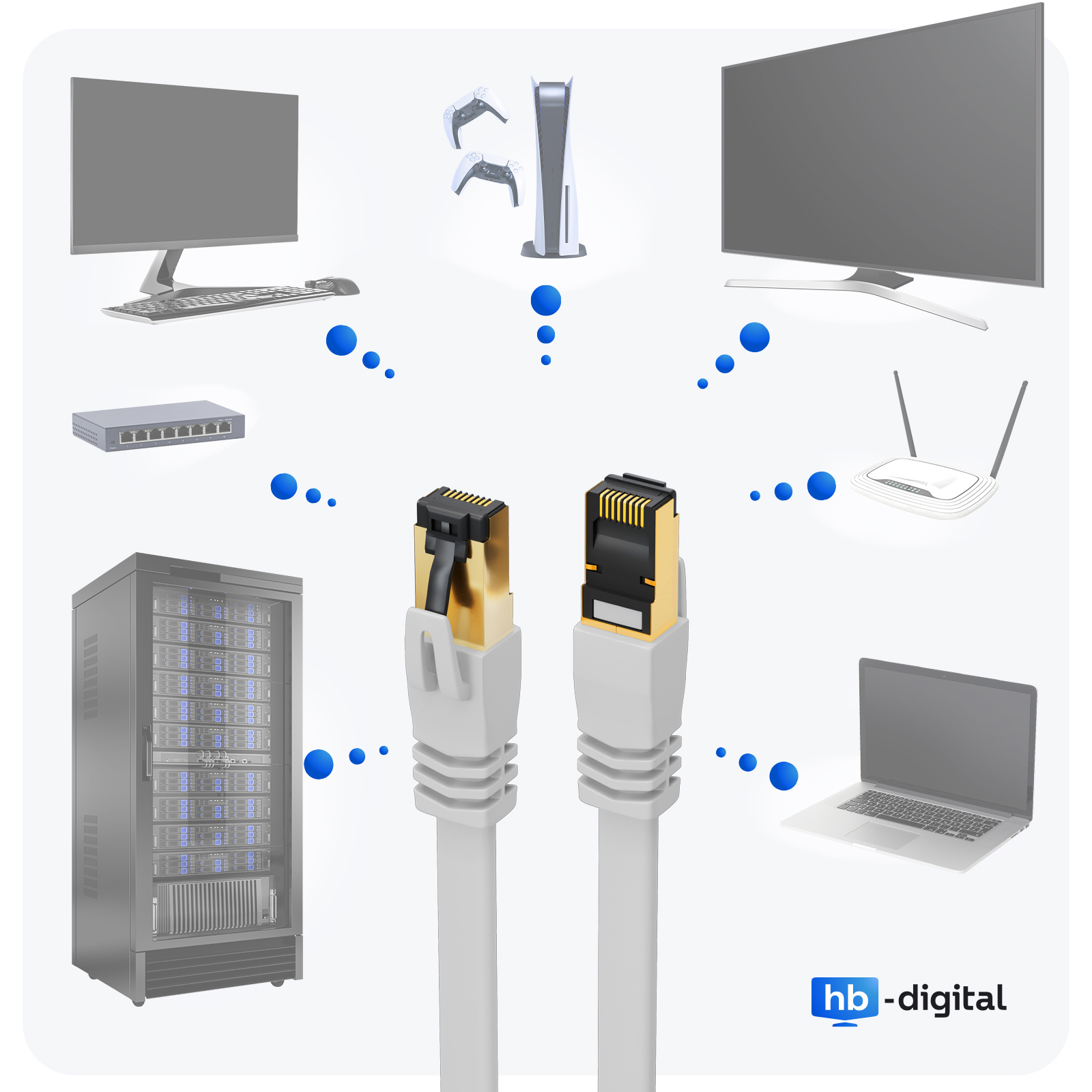 Eine Illustration zeigt verschiedene technische Geräte, darunter einen PC, eine Konsole und einen Router, die durch blaue Punkte und Kabel verbunden sind.