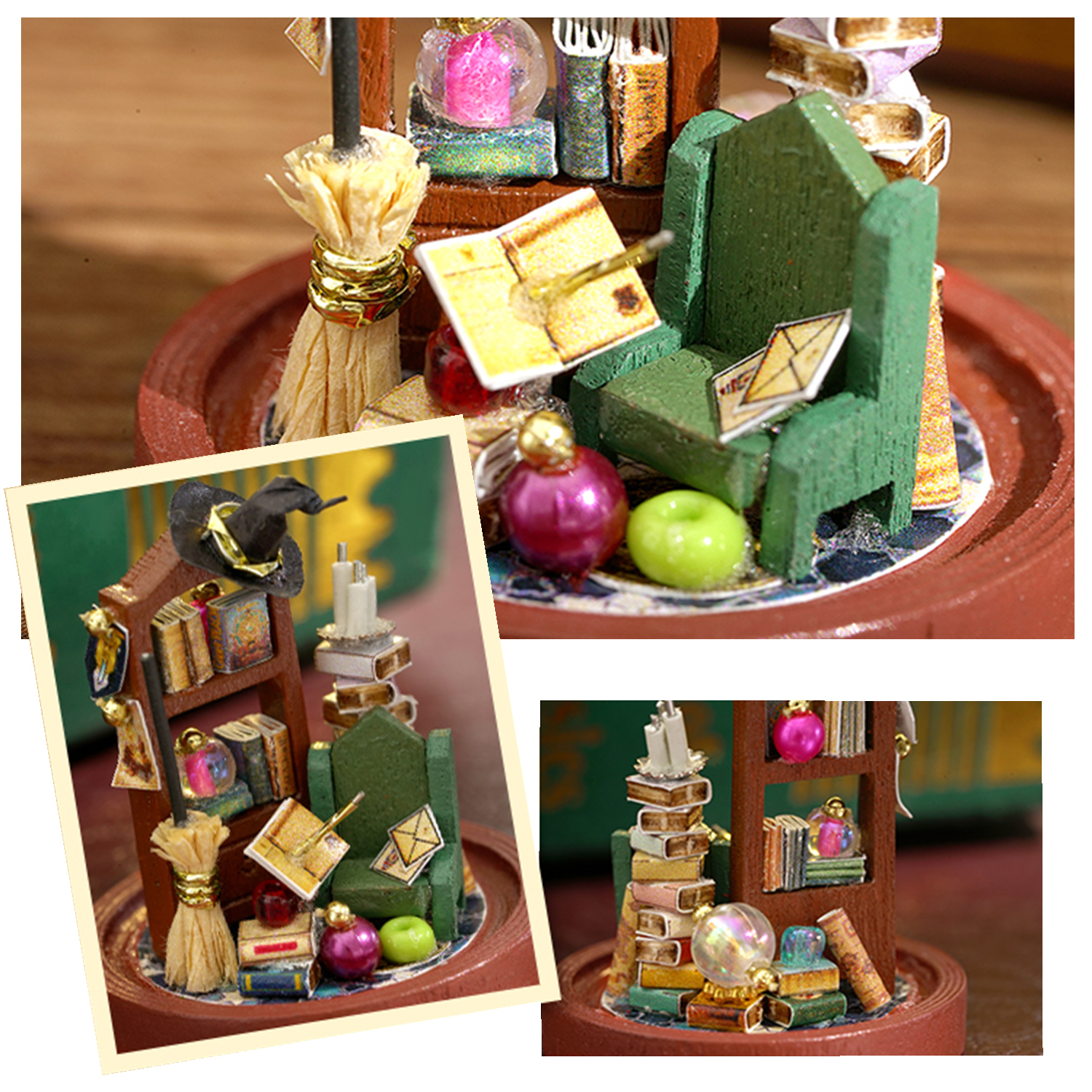Diorama in miniatura con scaffale, libri, sedia verde e oggetti magici.