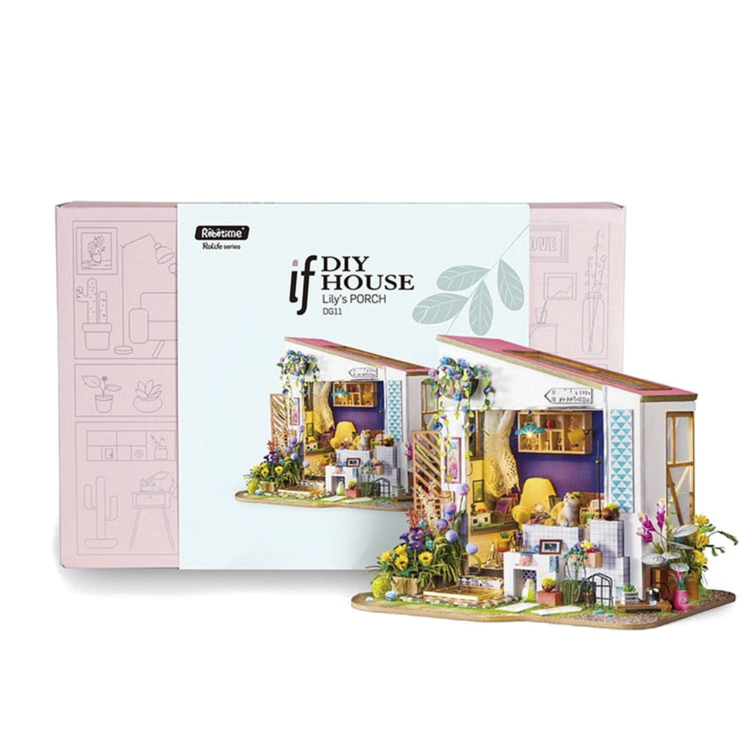Diorama di una casa con portico. Ha una scatola rosa sullo sfondo. Sfondo bianco.