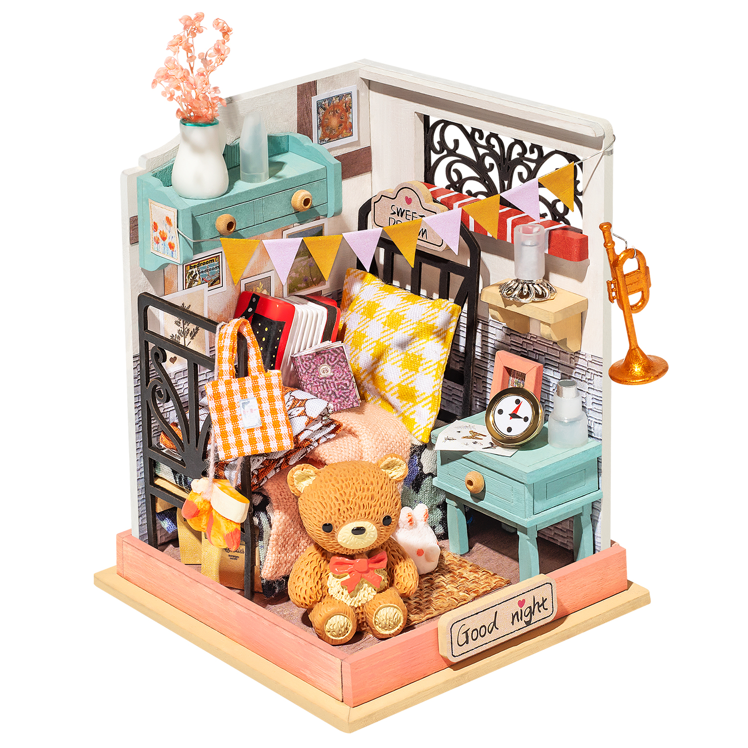 Camera da letto in miniatura con letto, orsacchiotto e decorazioni. Include letto, mobili e decori.