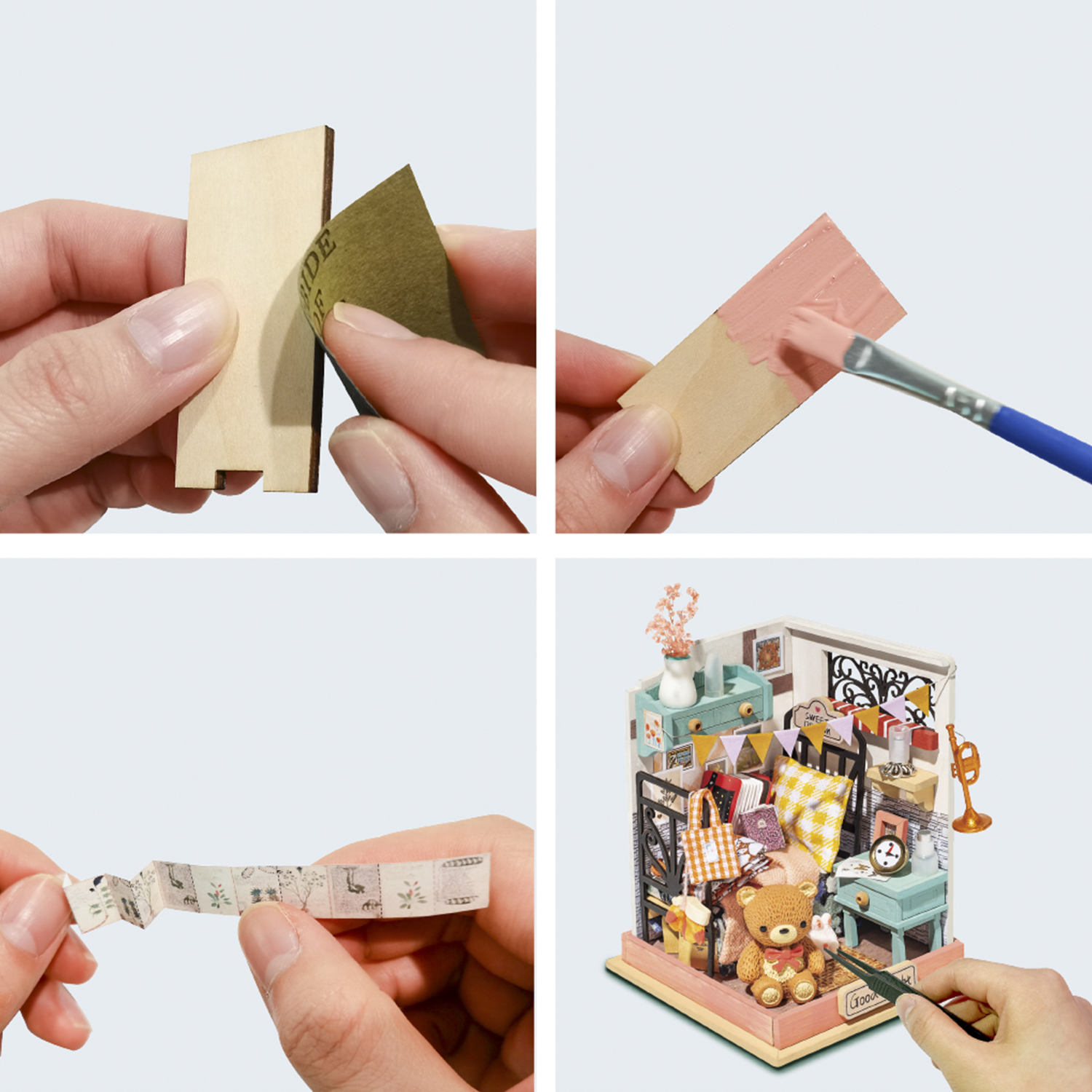 Quattro immagini che mostrano una stanza in miniatura in costruzione a mano.
