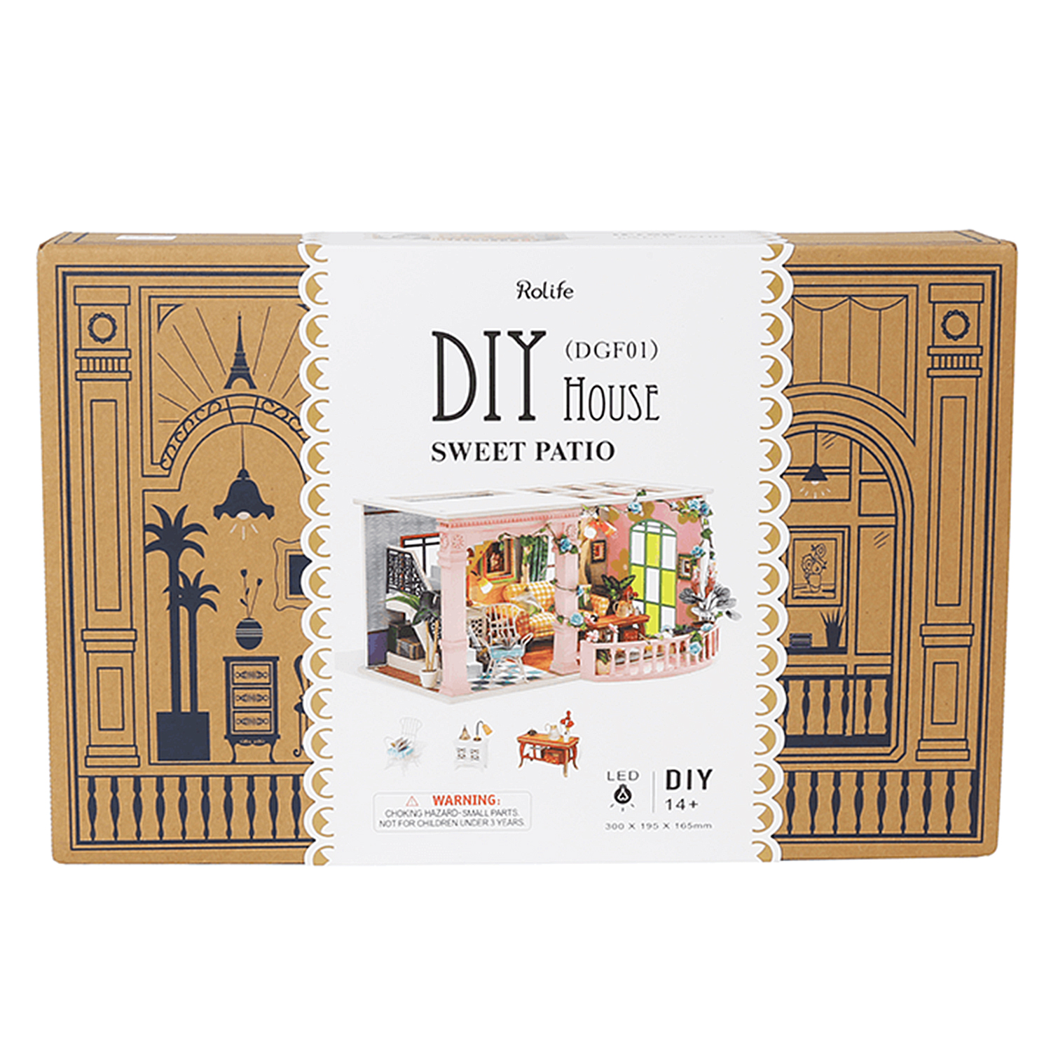 Scatola di cartone con un modello di casa fai-da-te. La casa ha un design con un patio dolce. È un kit fai-da-te.