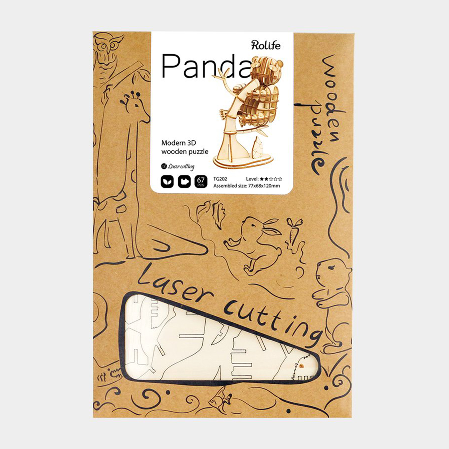 Una scatola di puzzle con un'illustrazione di panda e un puzzle ritagliato all'interno, che mostra il taglio laser.