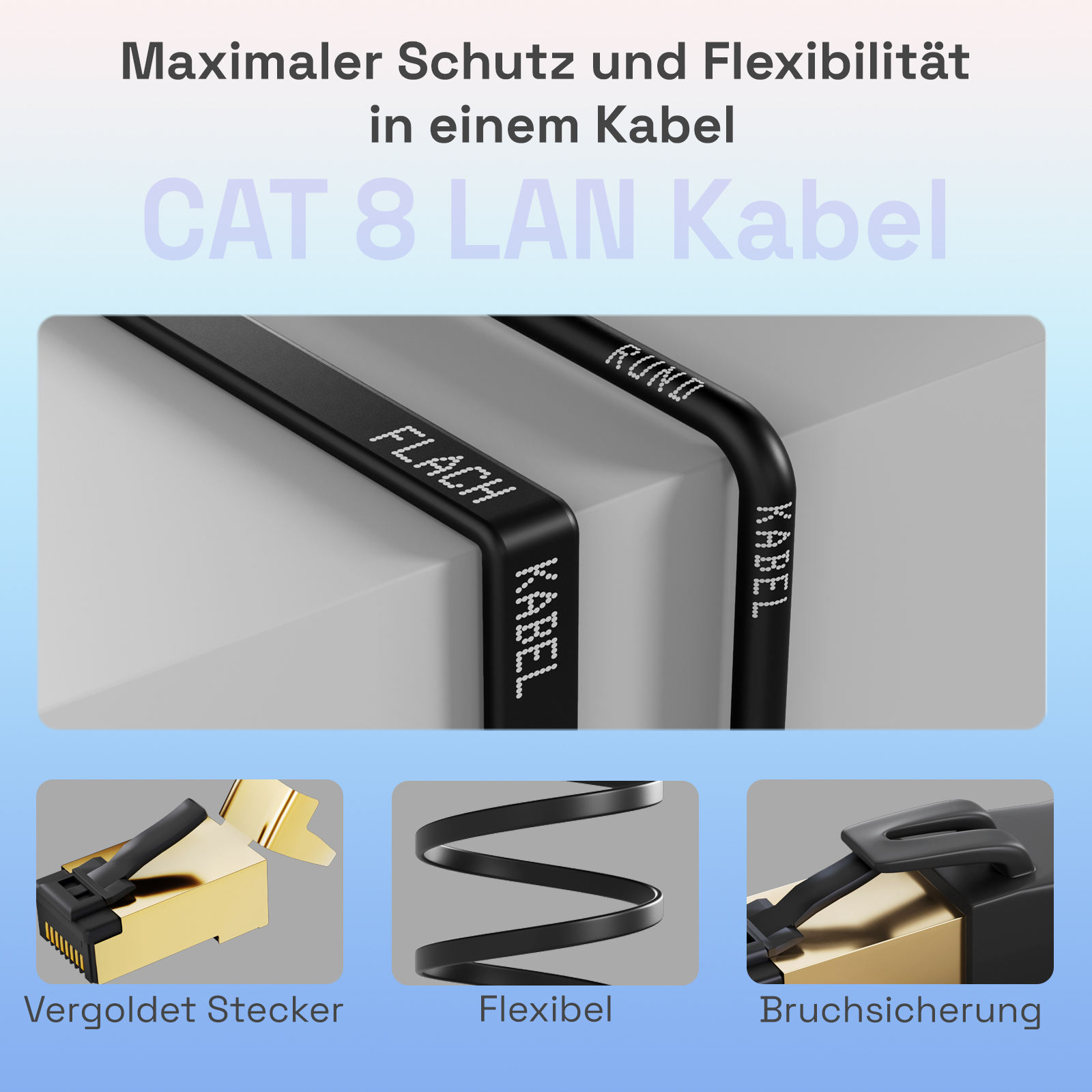 LAN-Kabel mit Text. Das Kabel ist flach und rund. Text: vergoldeter Stecker, flexibel und bruchsicher.