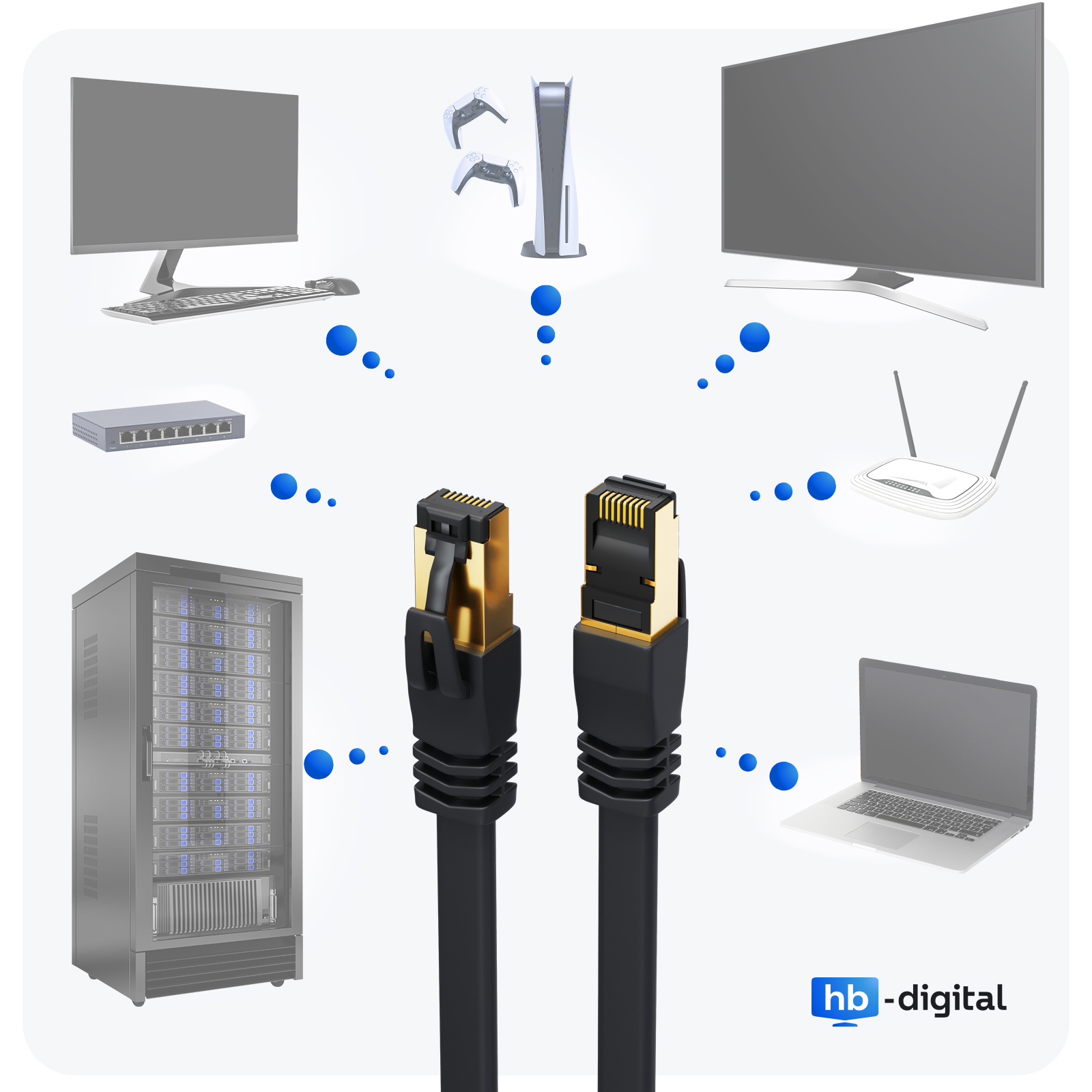 Ein Netzwerk-Setup mit Ethernet-Kabeln, die verschiedene Geräte verbinden: Computer, Router und Server. Blaue Punkte.