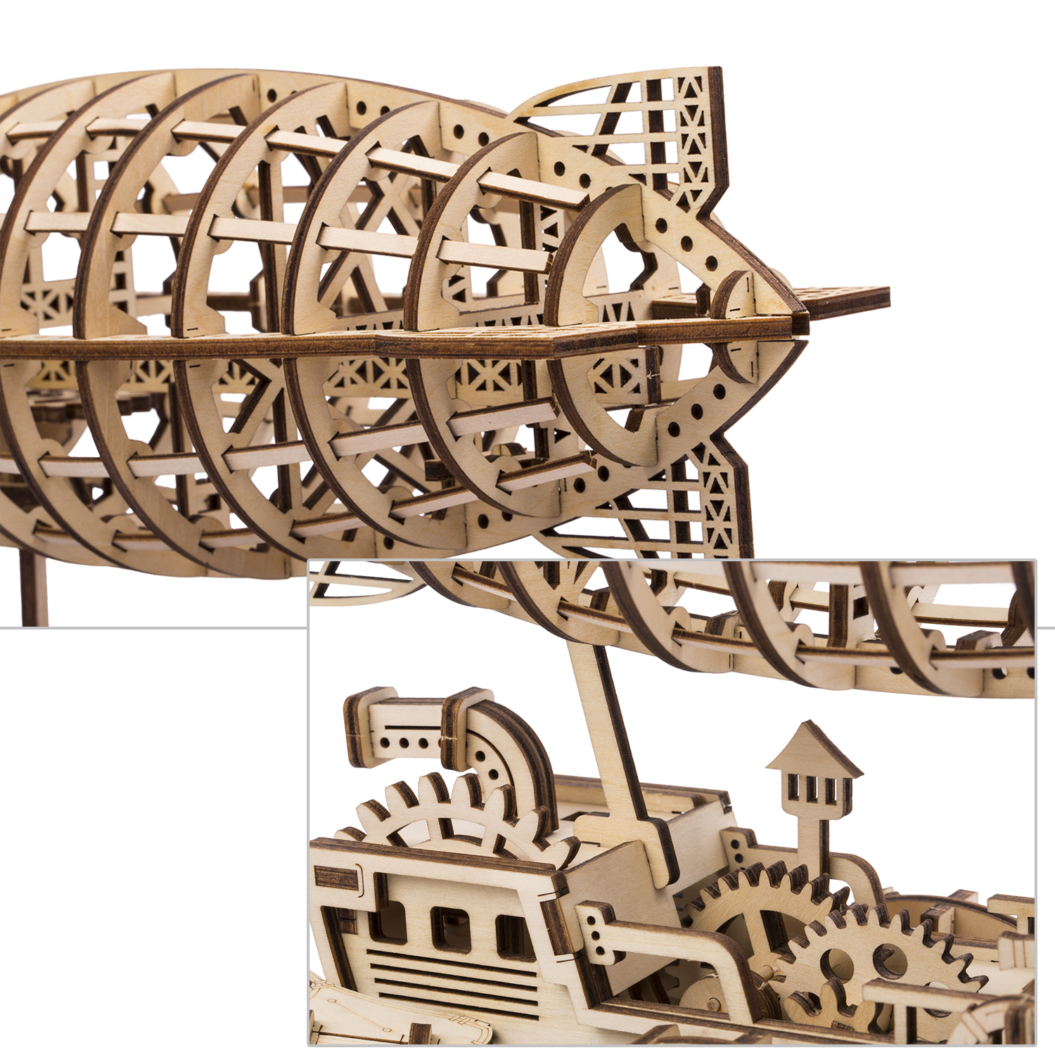 Modello in legno di un dirigibile, dettagli intricati della struttura, due viste angolate.