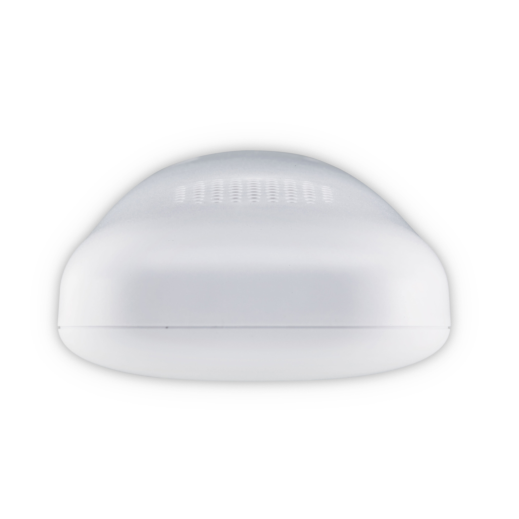 Białe, owalne urządzenie z perforowanym wierzchem, prawdopodobnie głośnik lub element elektroniczny.