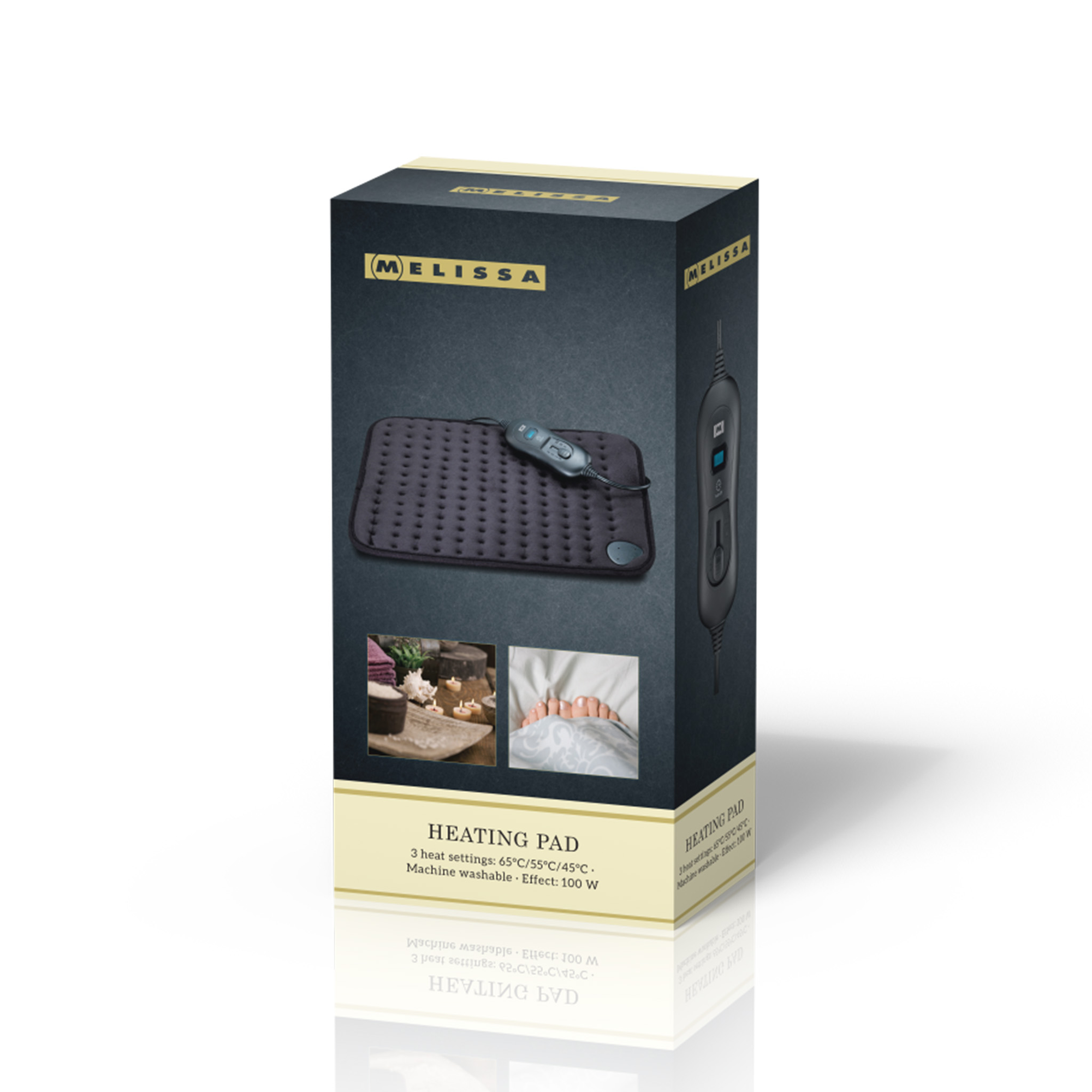 Heated pad in a box with images of use. 3 heat settings, machine washable, and 100W effect.