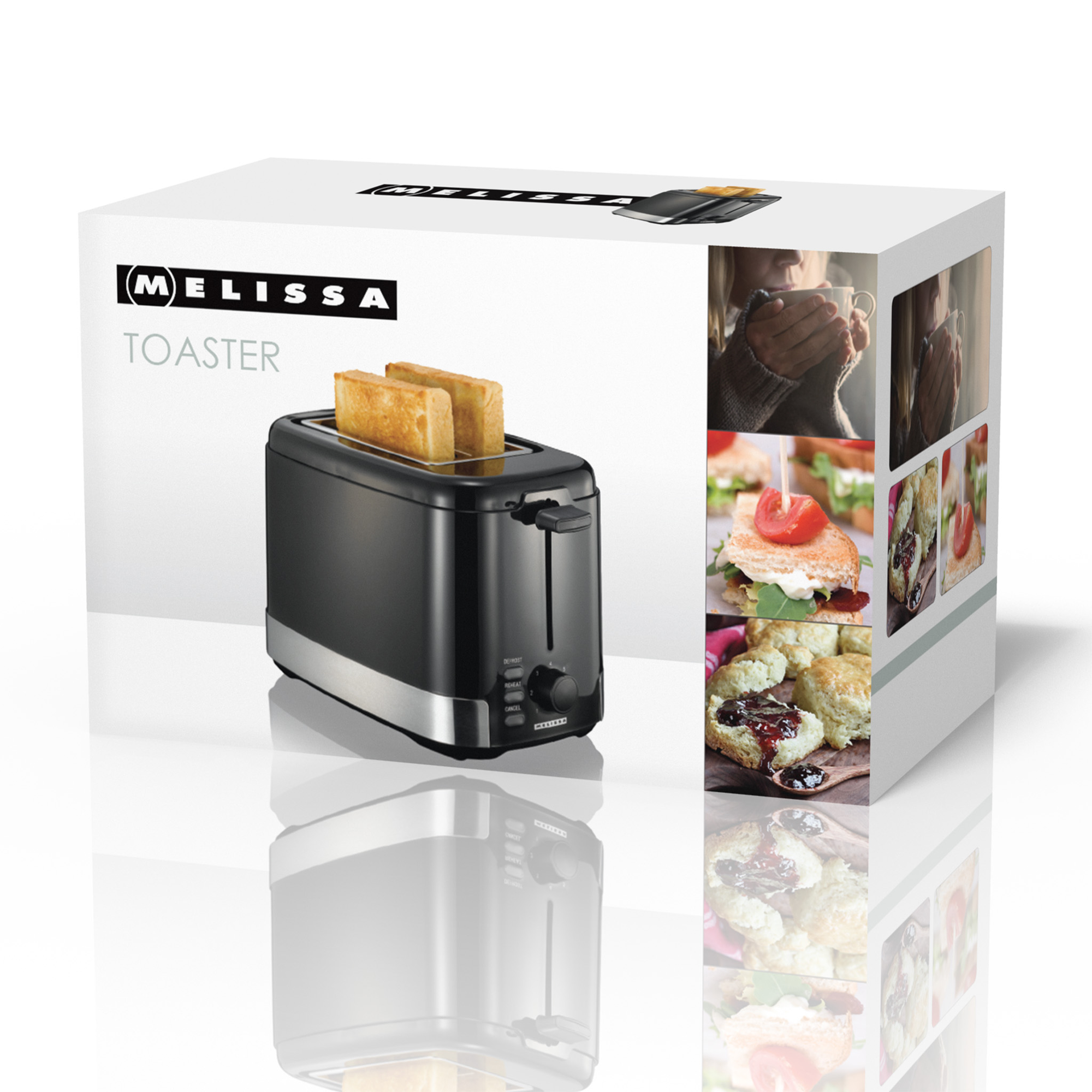 Toaster in Verpackung mit Produktbildern. Schwarzer Toaster mit silbernen Akzenten.